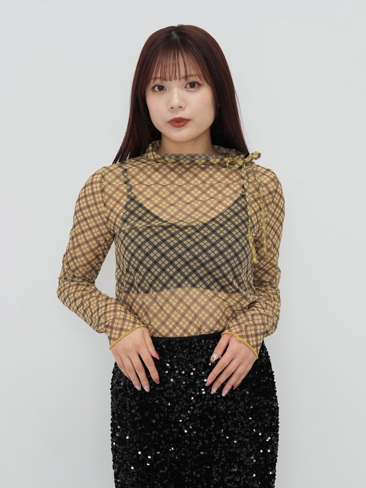 neck ribbon check sheer tops