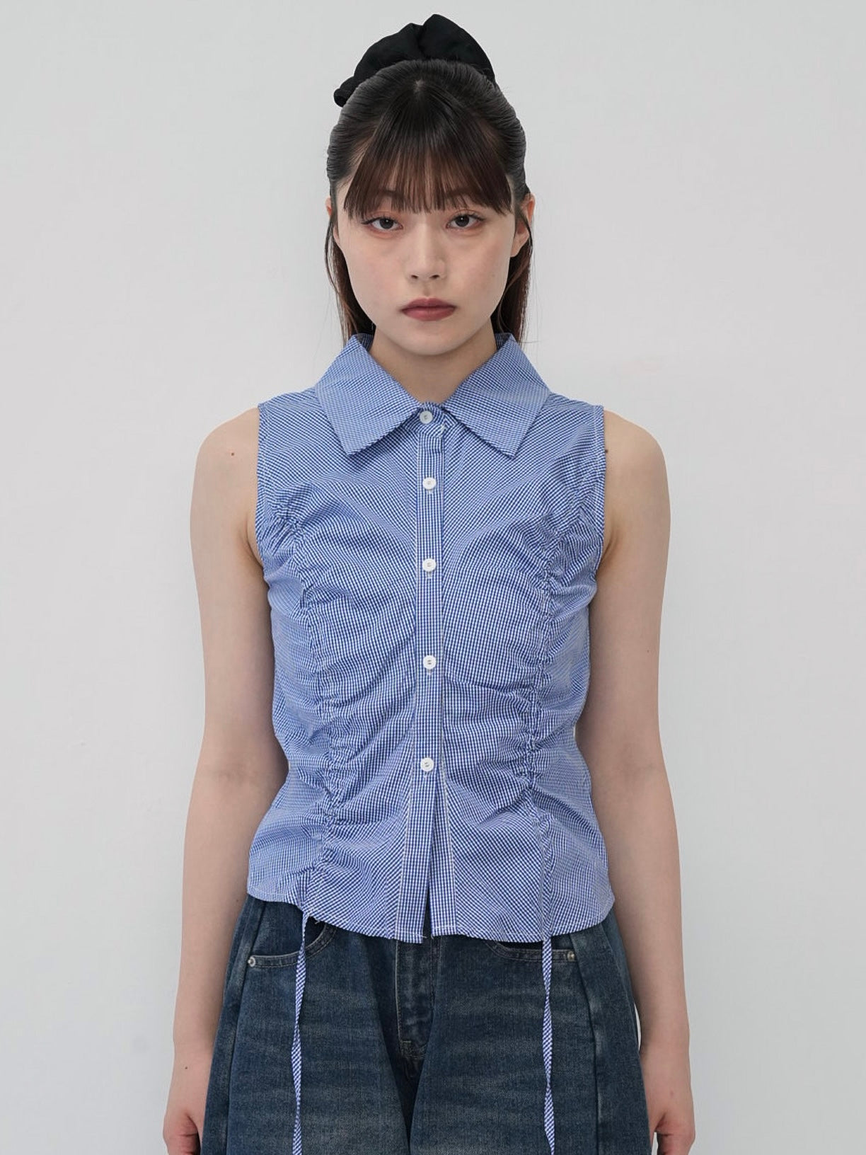 shirring check halter tops