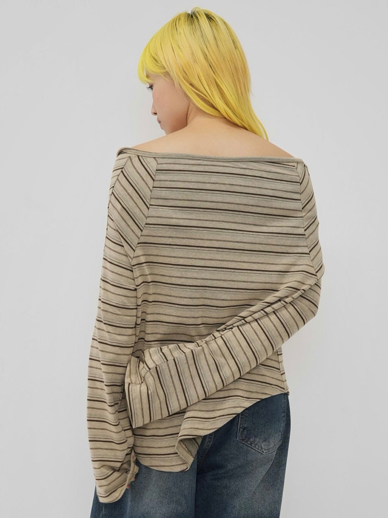 stripe button off shoulder t