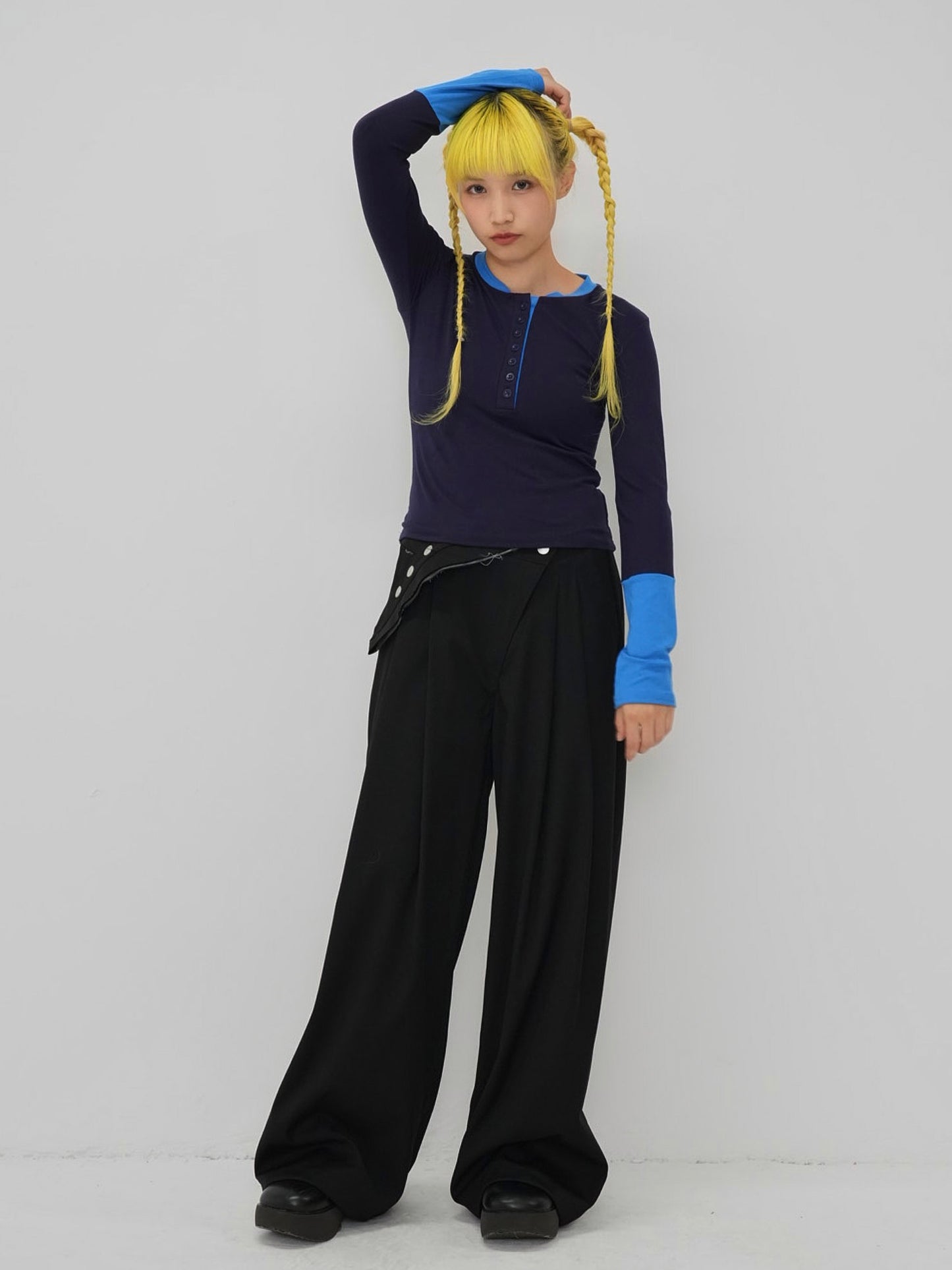 half button bicolor tops