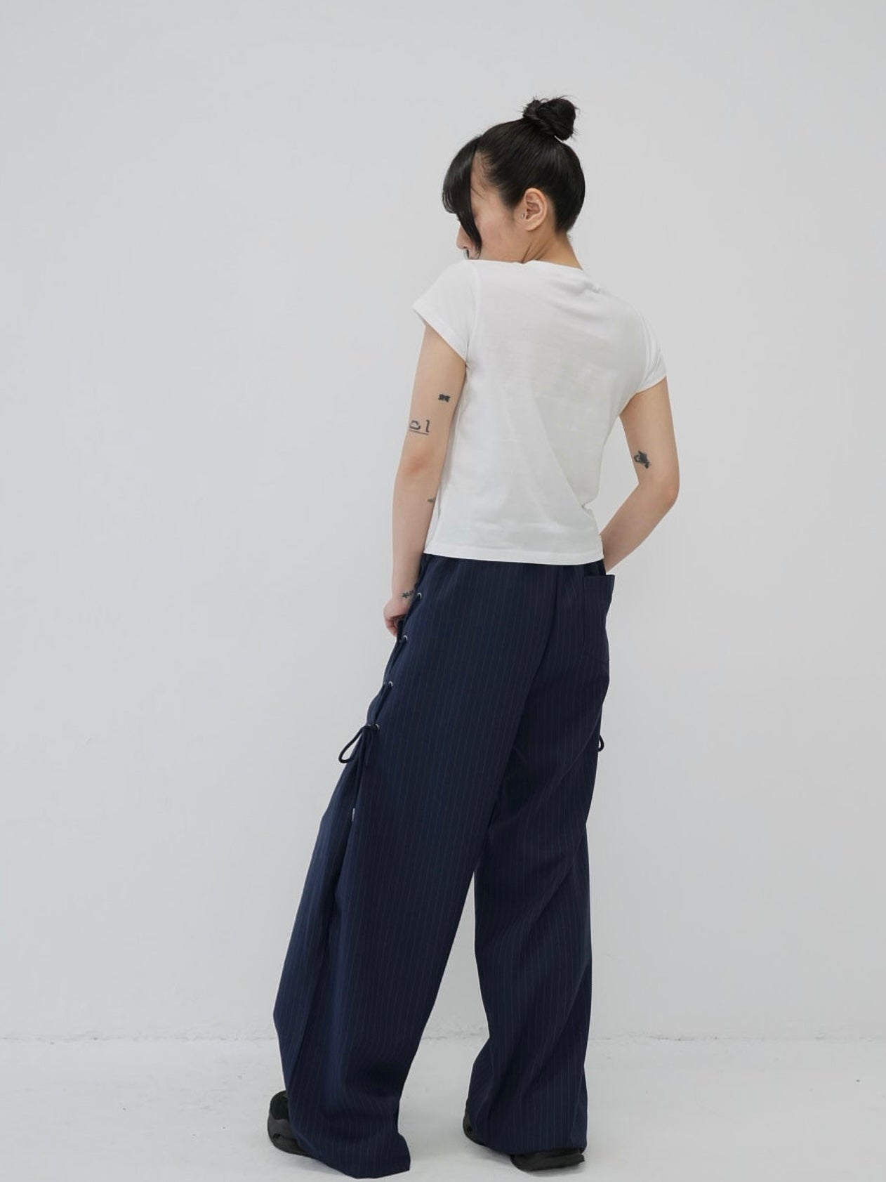 stripe side ribbon wide pants