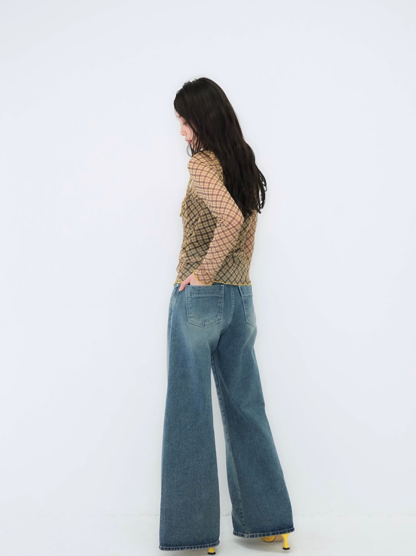 neck ribbon check sheer tops