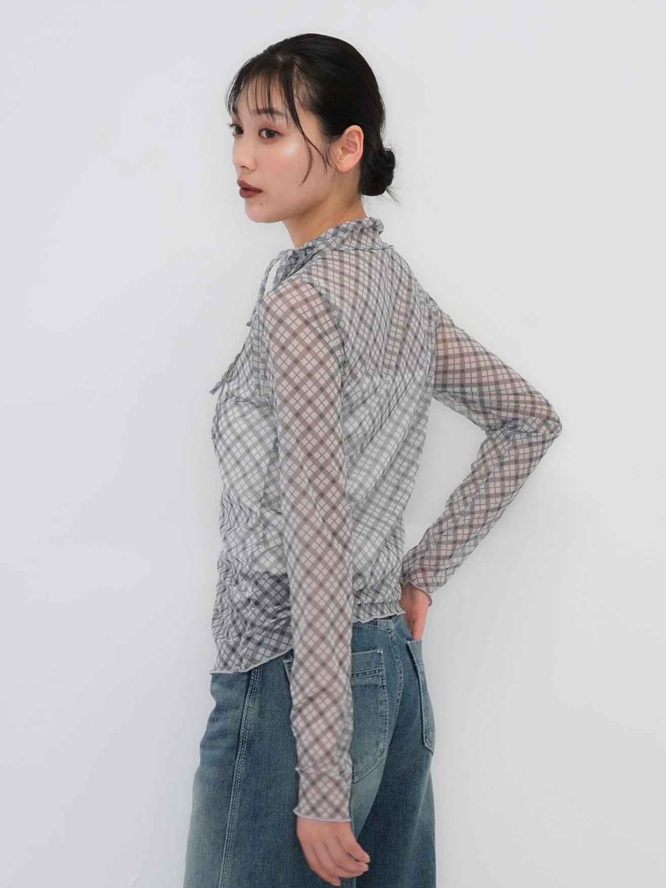 neck ribbon check sheer tops