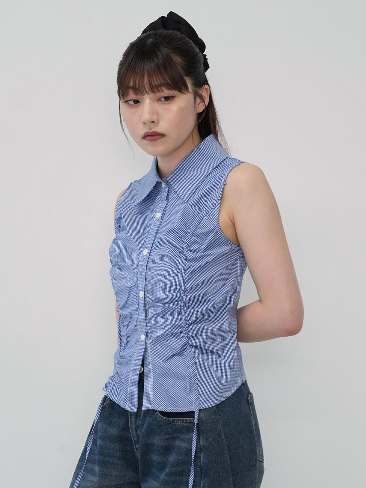shirring check halter tops