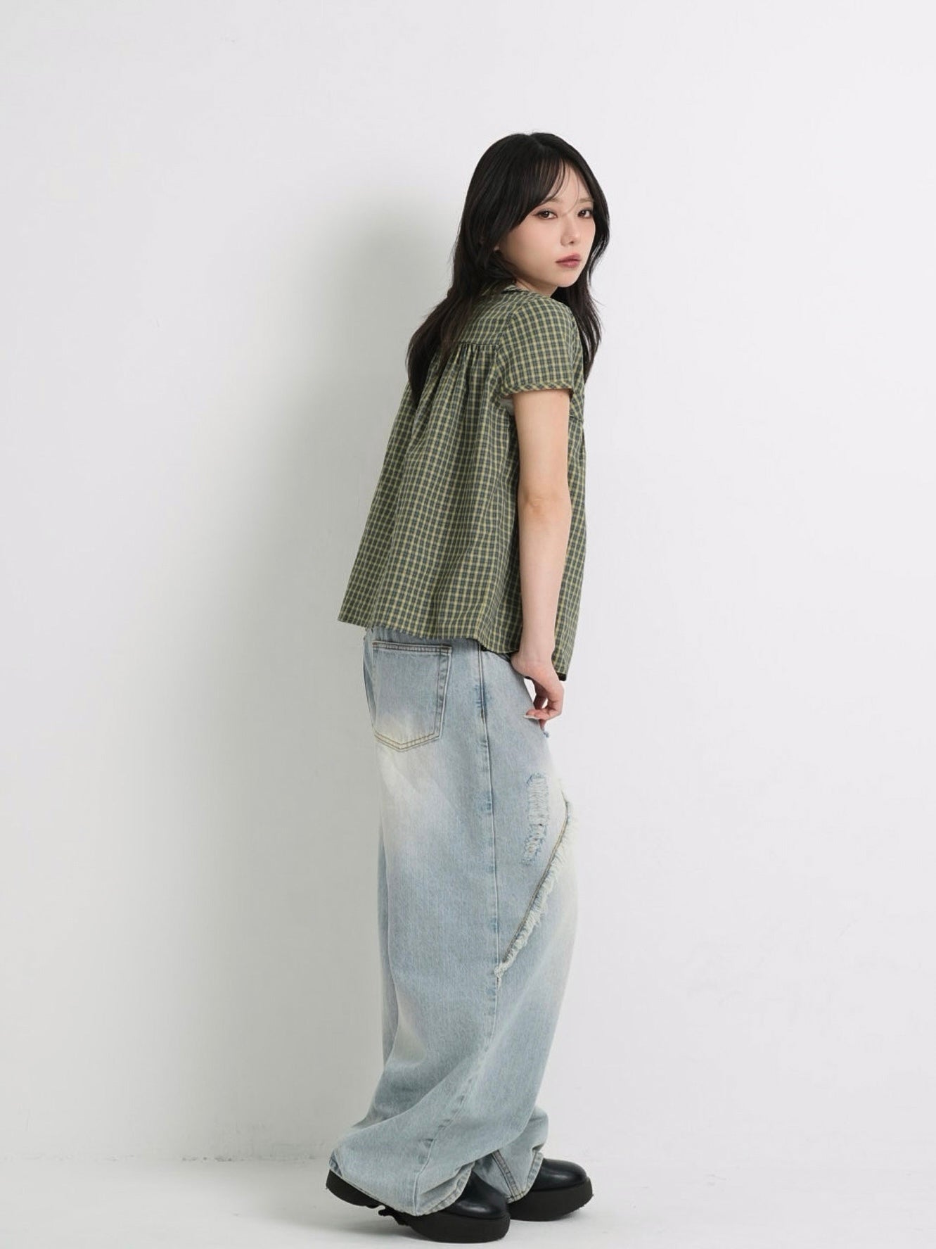 collar check blouse