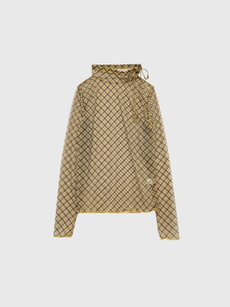 neck ribbon check sheer tops