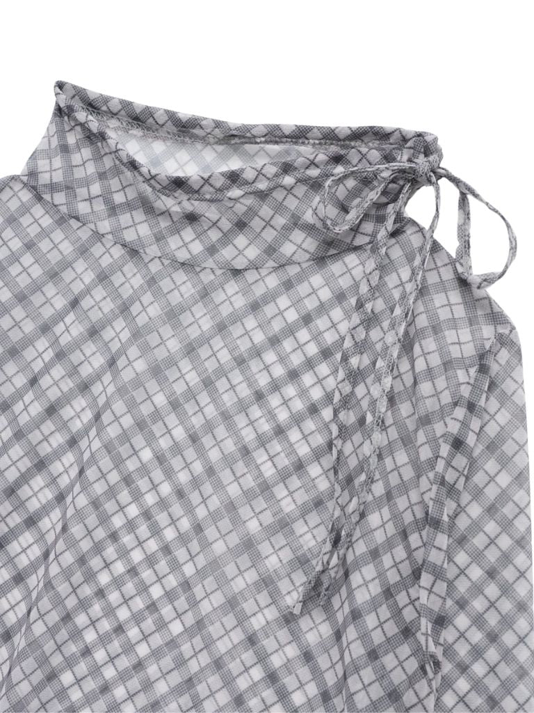 neck ribbon check sheer tops