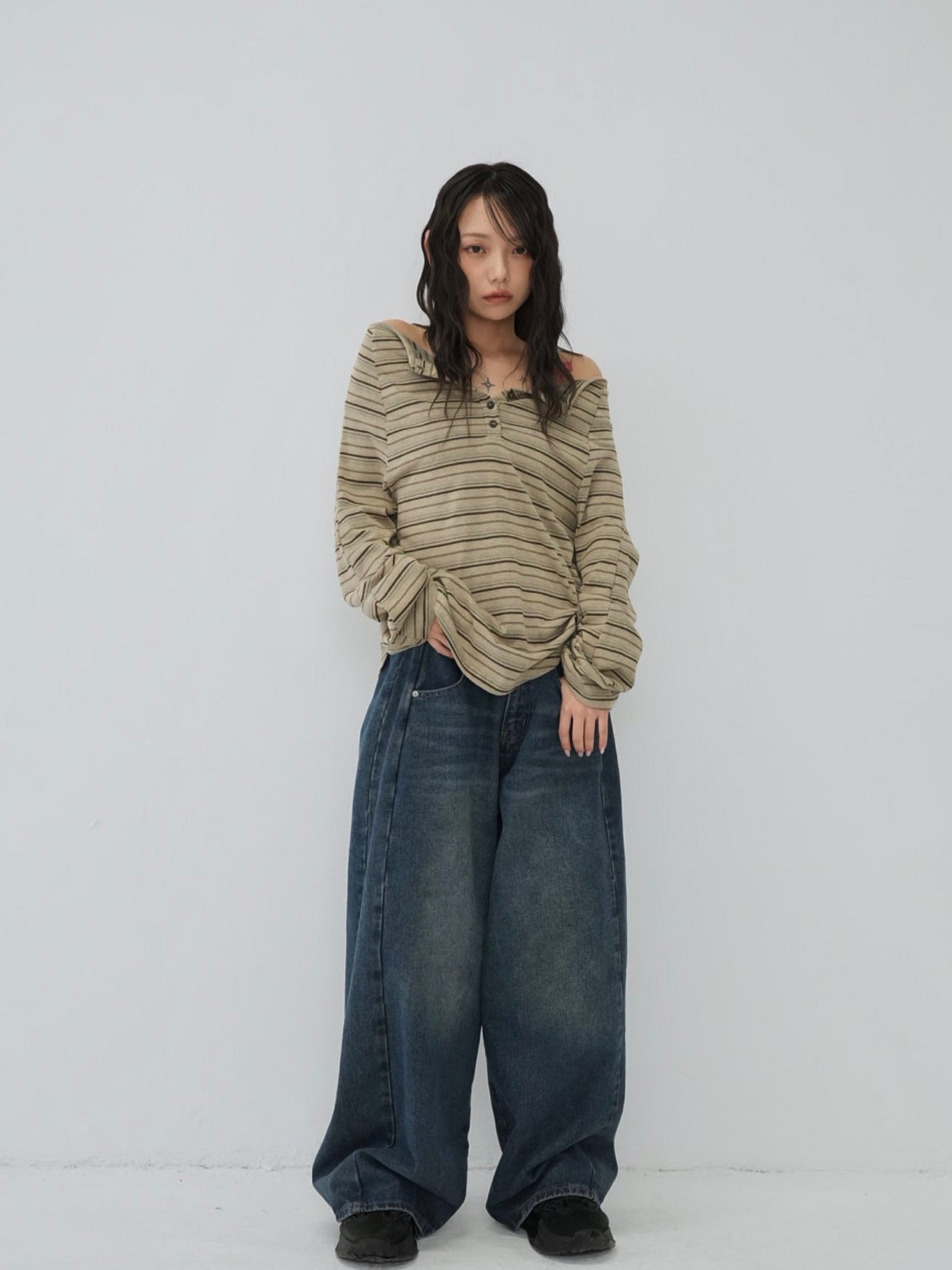 stripe button off shoulder t