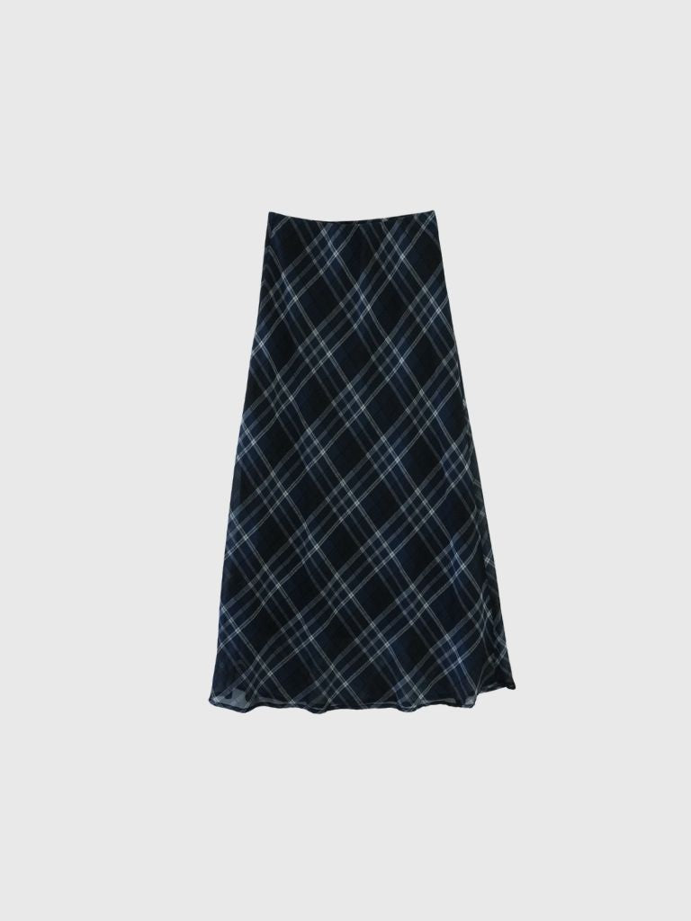 check sheer long skirt