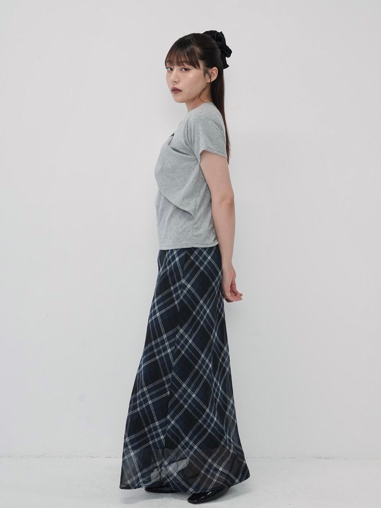check sheer long skirt