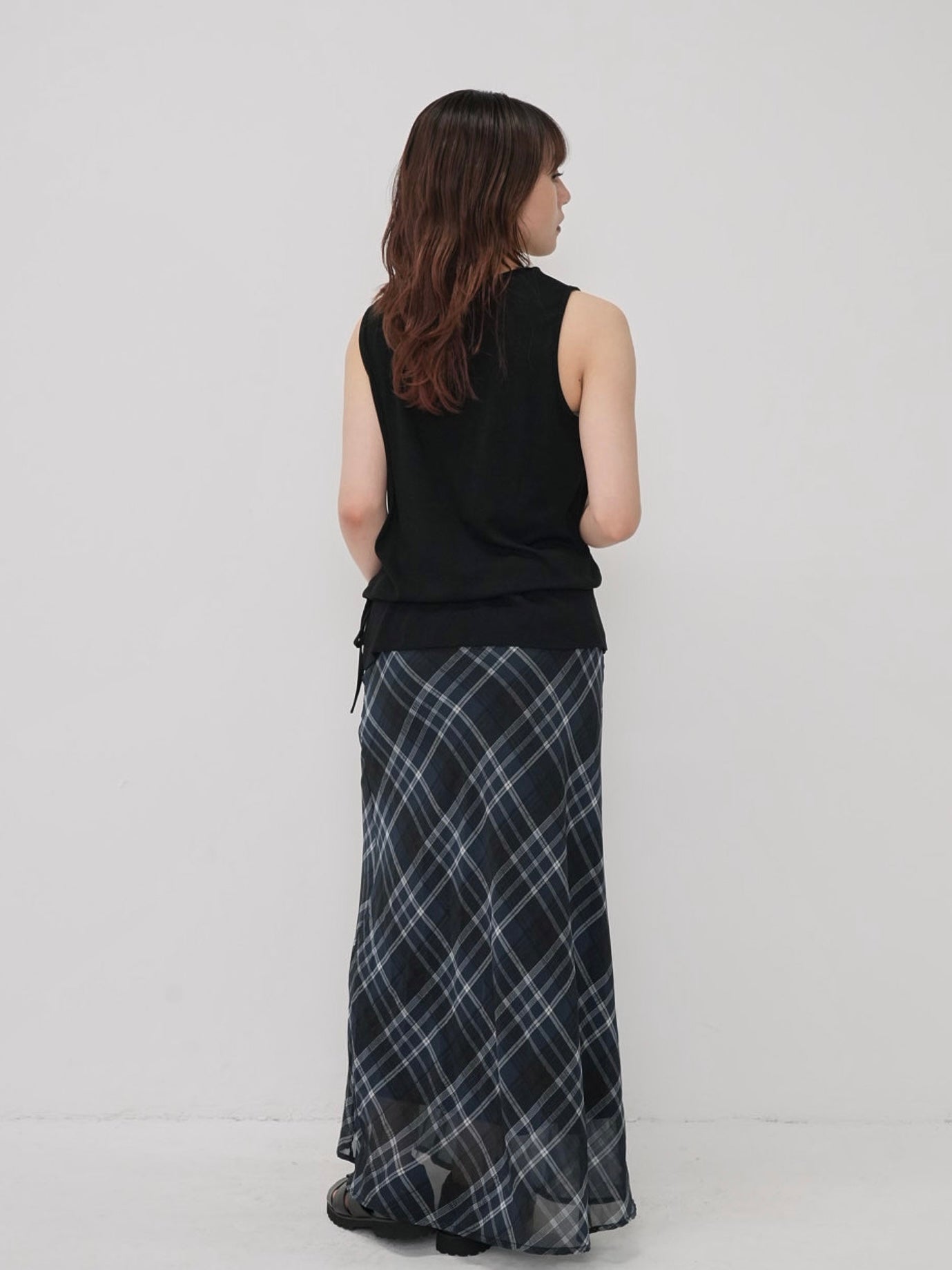 check sheer long skirt