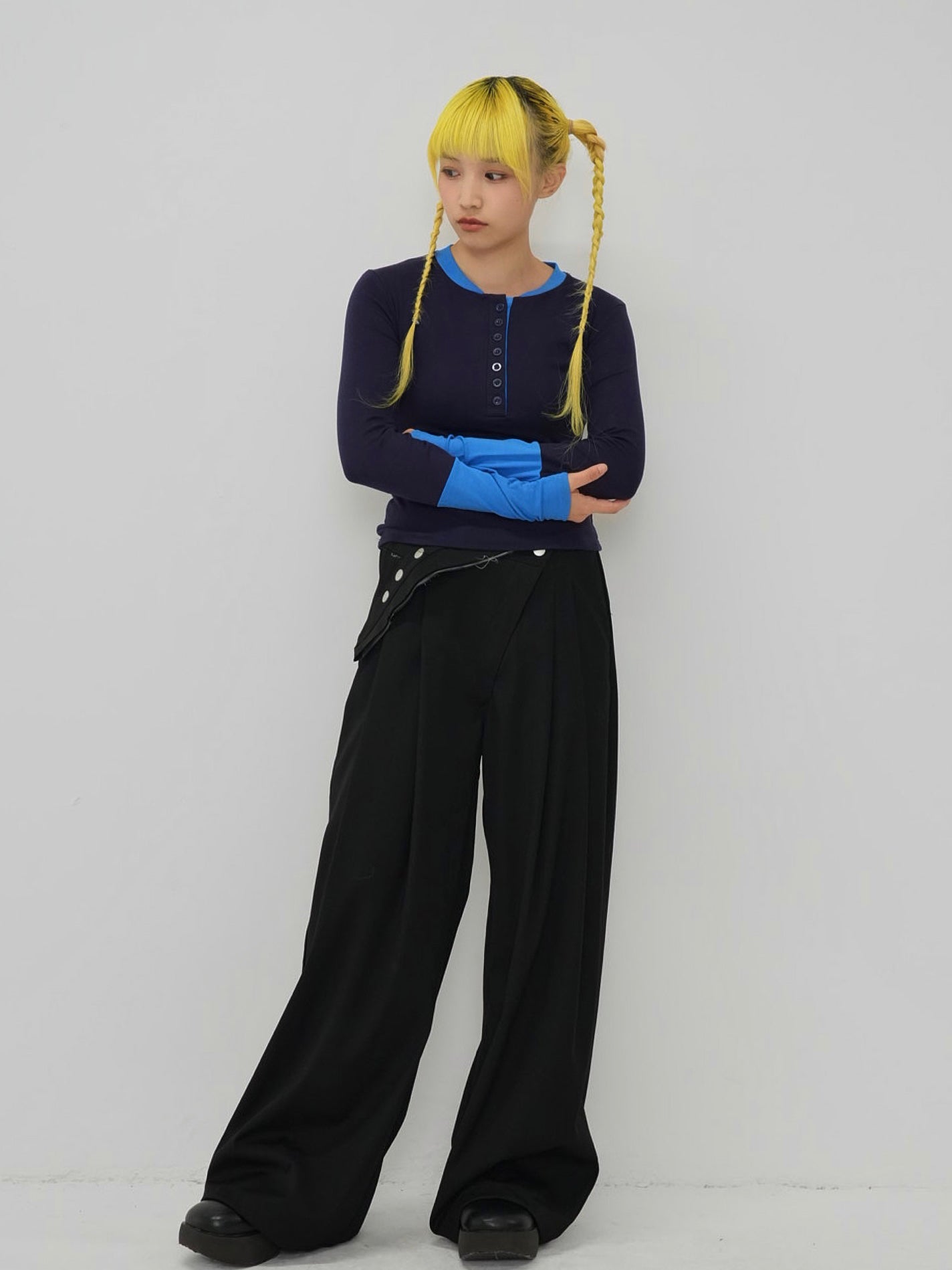 half button bicolor tops