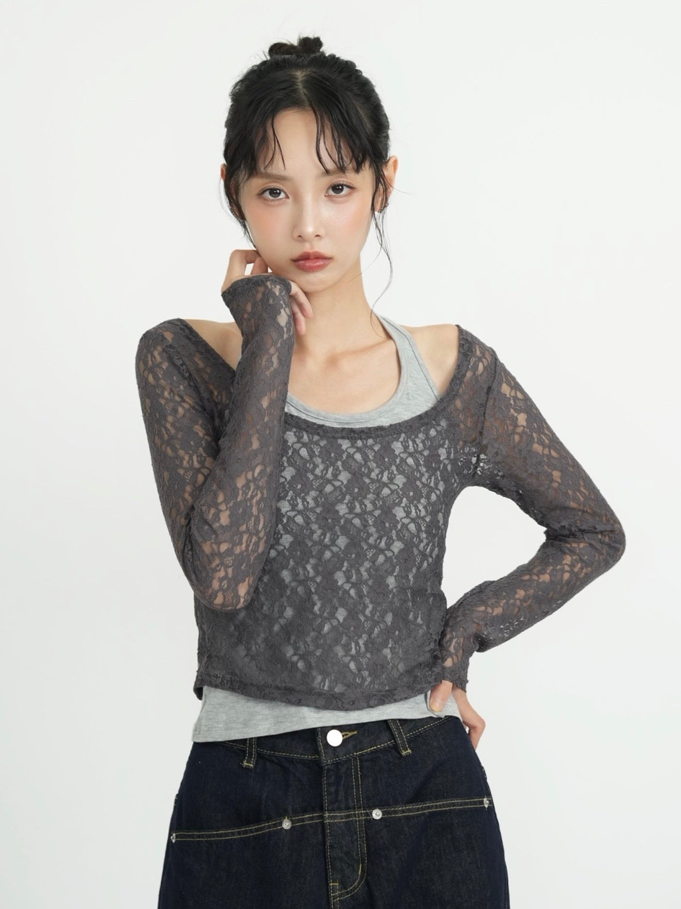 layered lace halter tops｜インナーキャミ一体型レースハルター