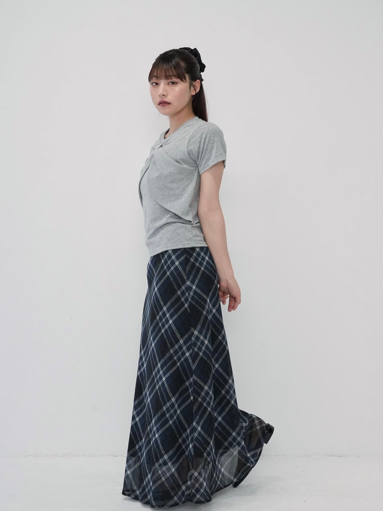 check sheer long skirt