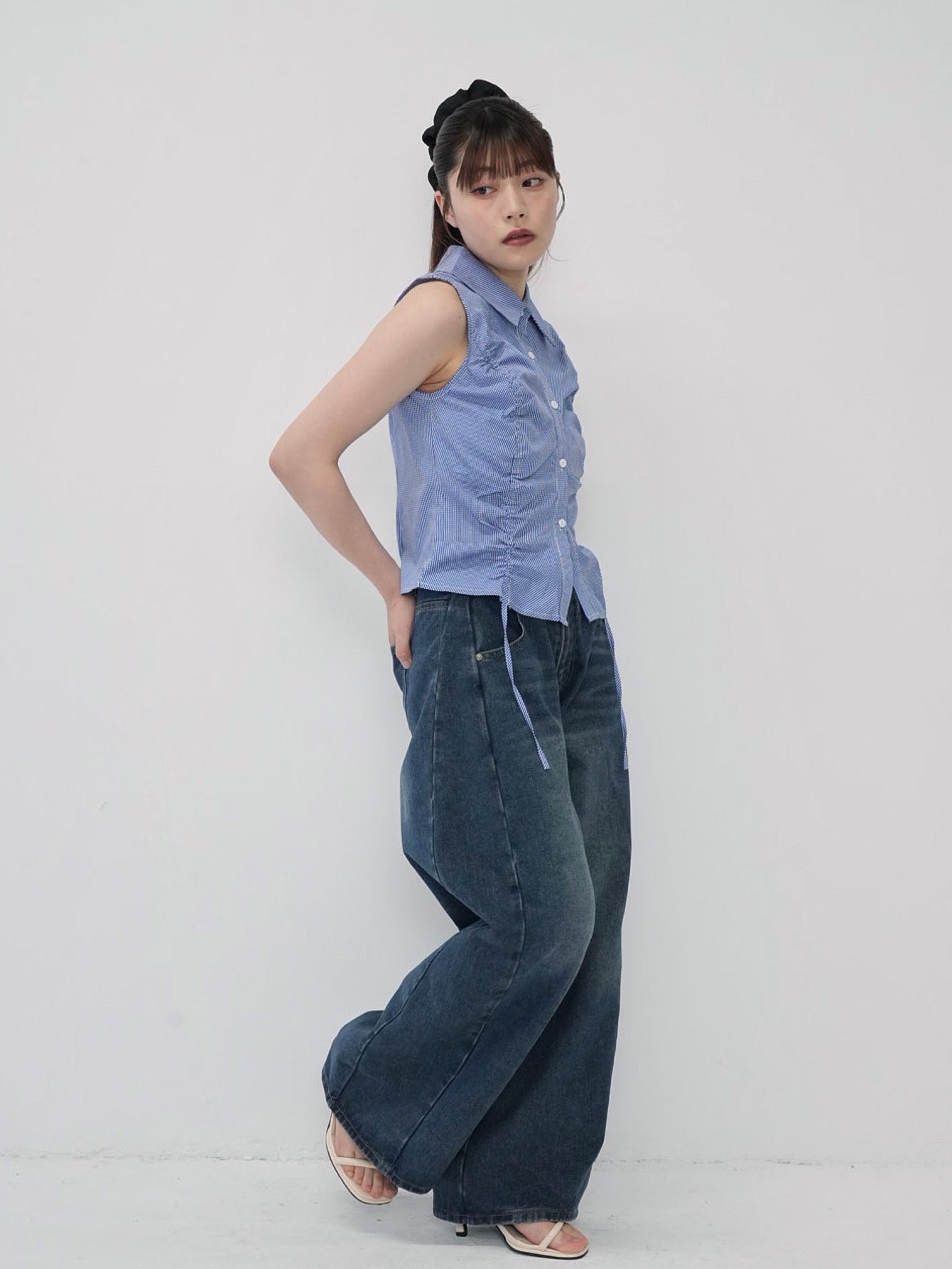 shirring check halter tops