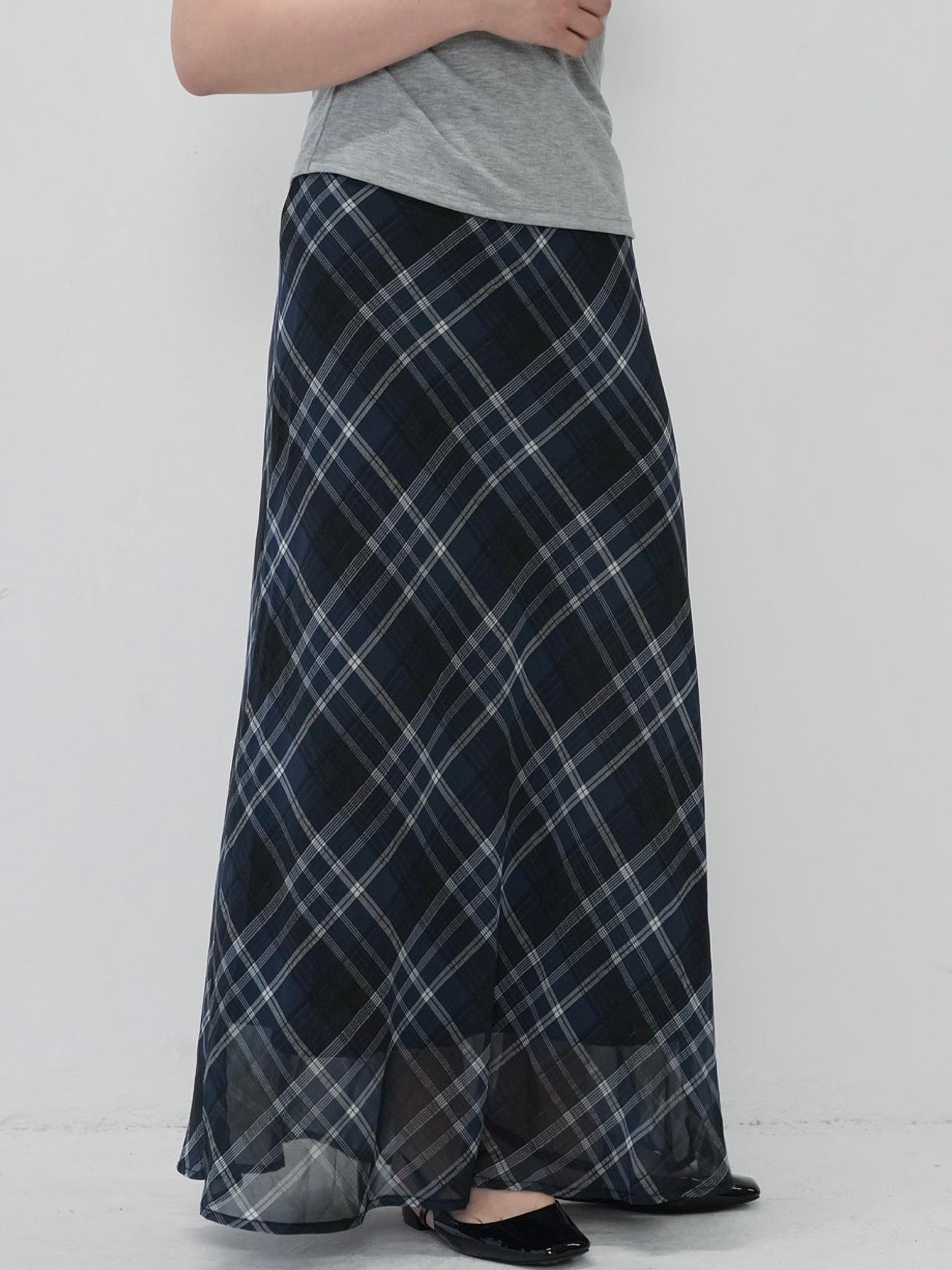 check sheer long skirt