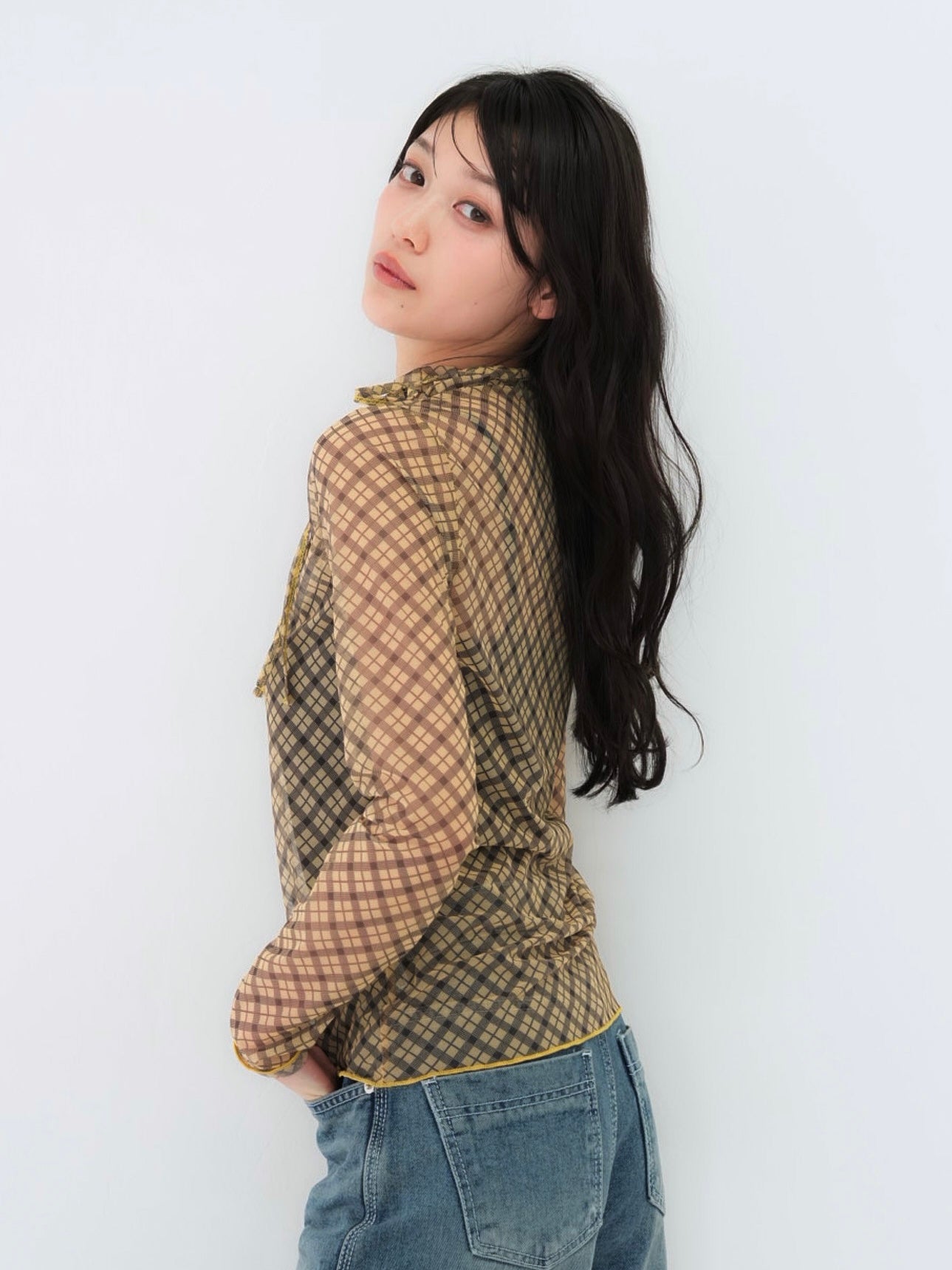 neck ribbon check sheer tops