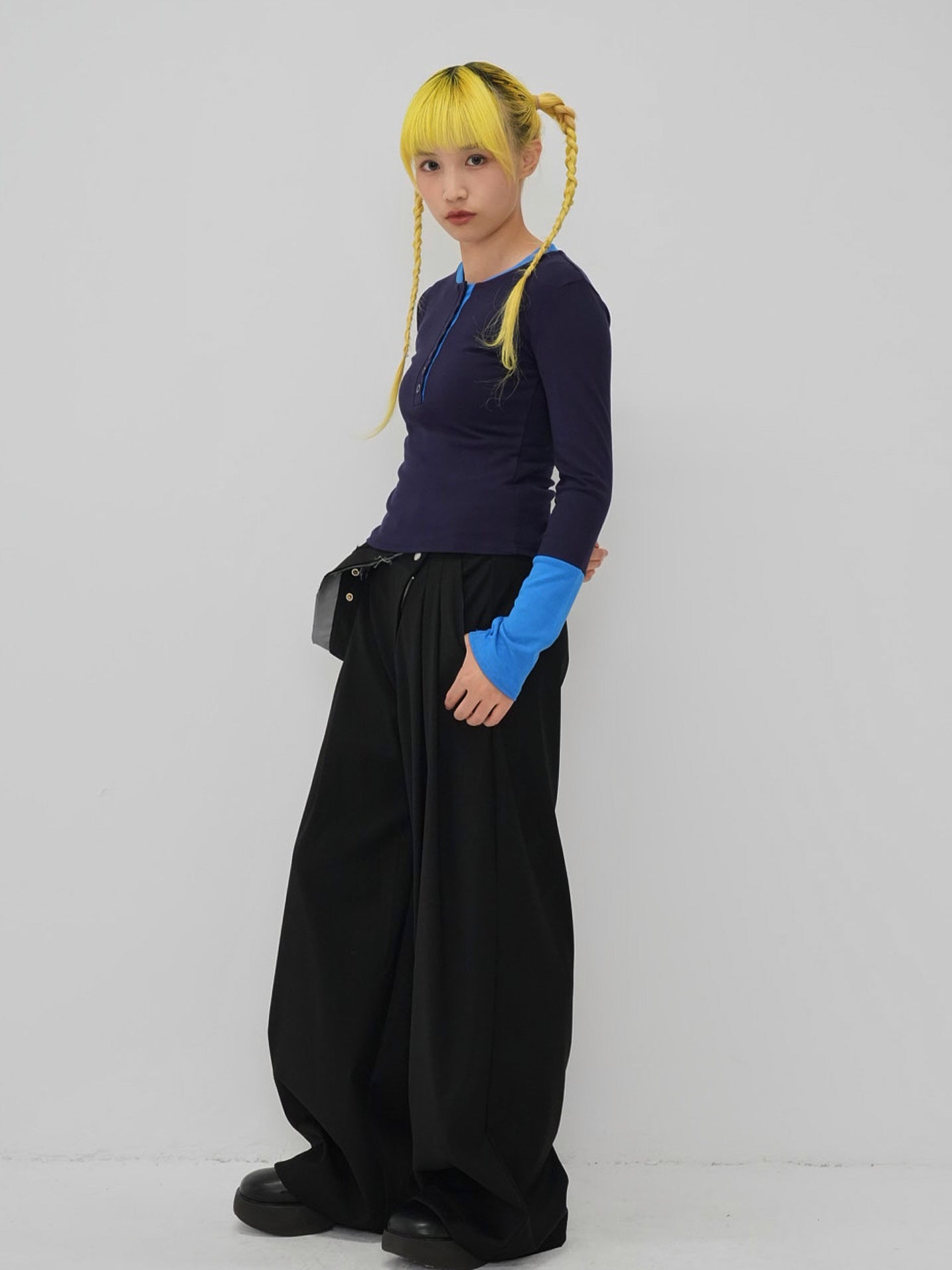 half button bicolor tops