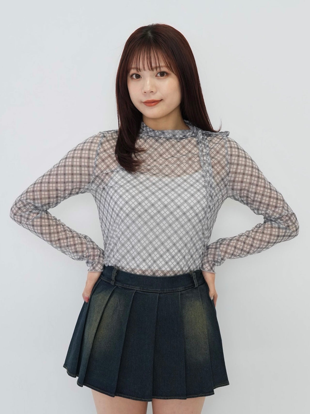 neck ribbon check sheer tops