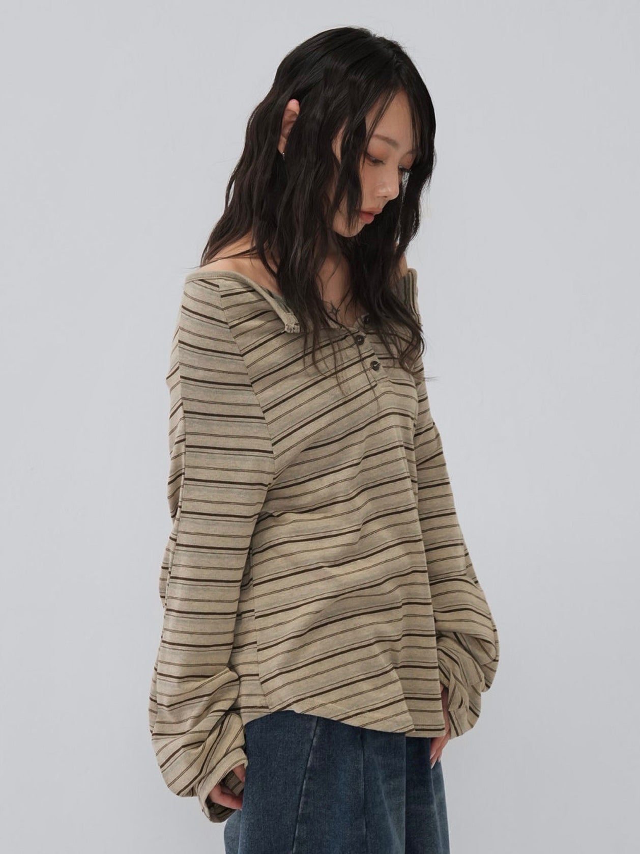 stripe button off shoulder t