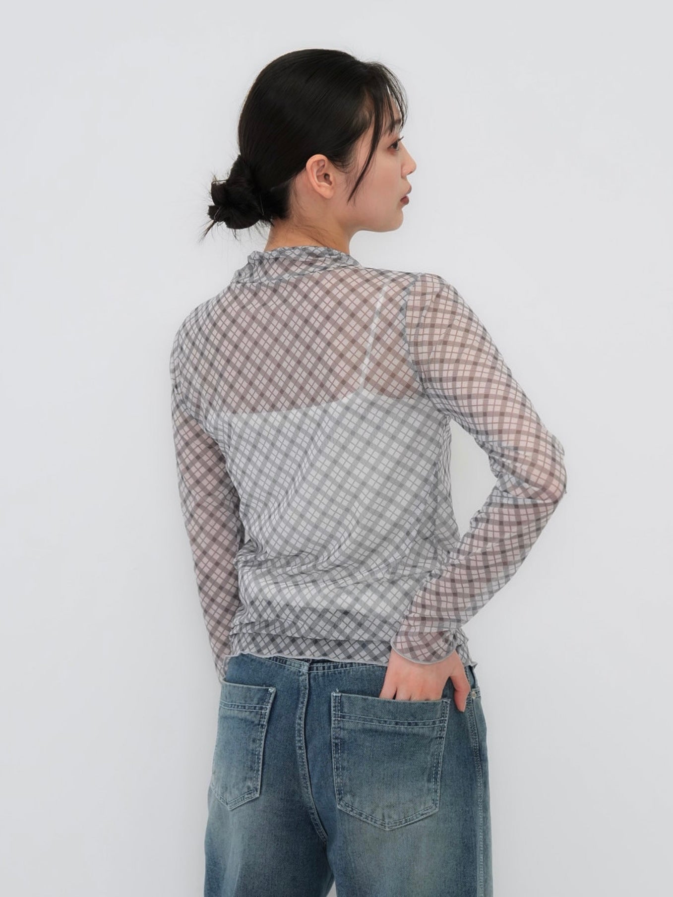 neck ribbon check sheer tops