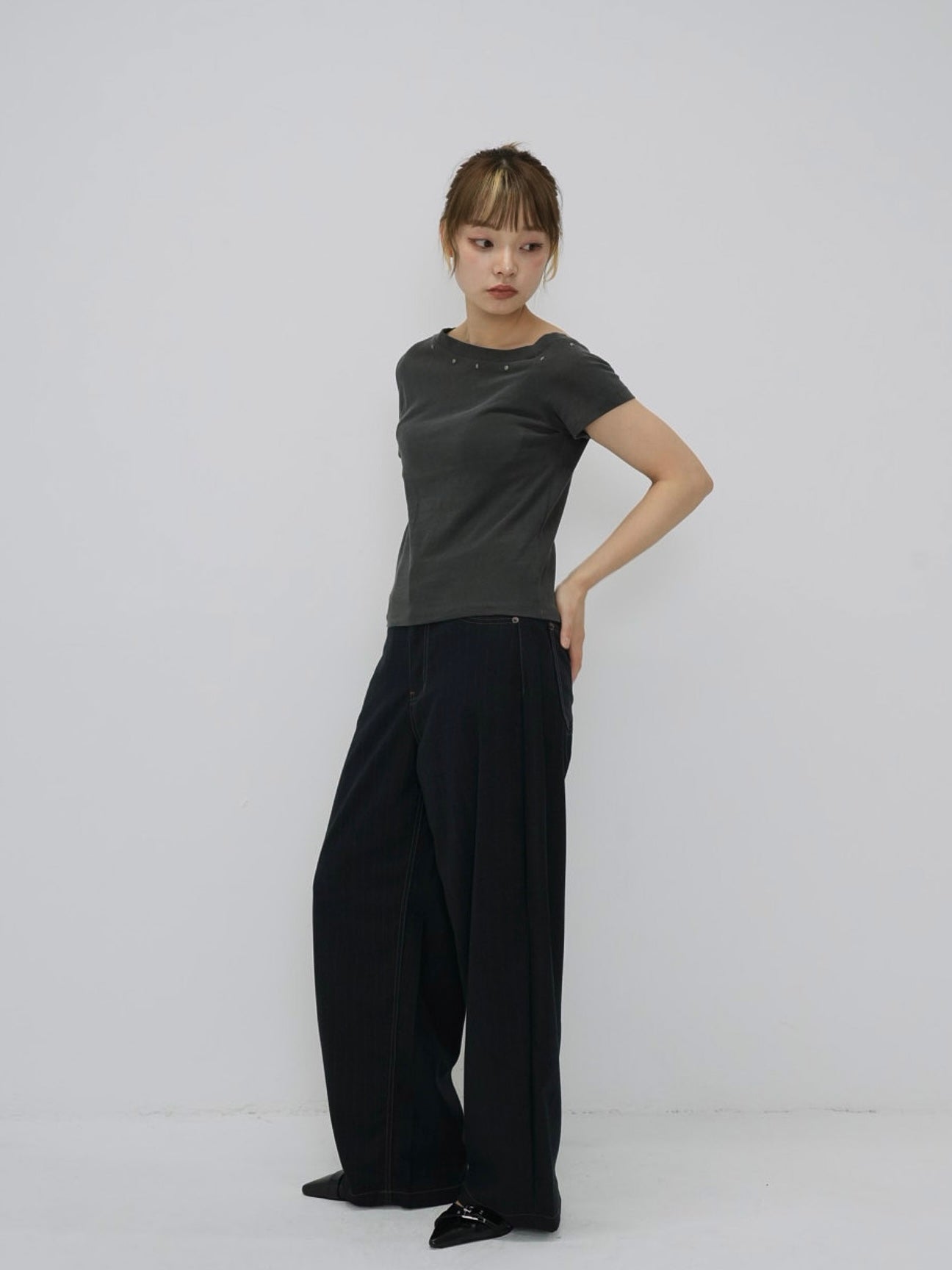 one shoulder stud tops