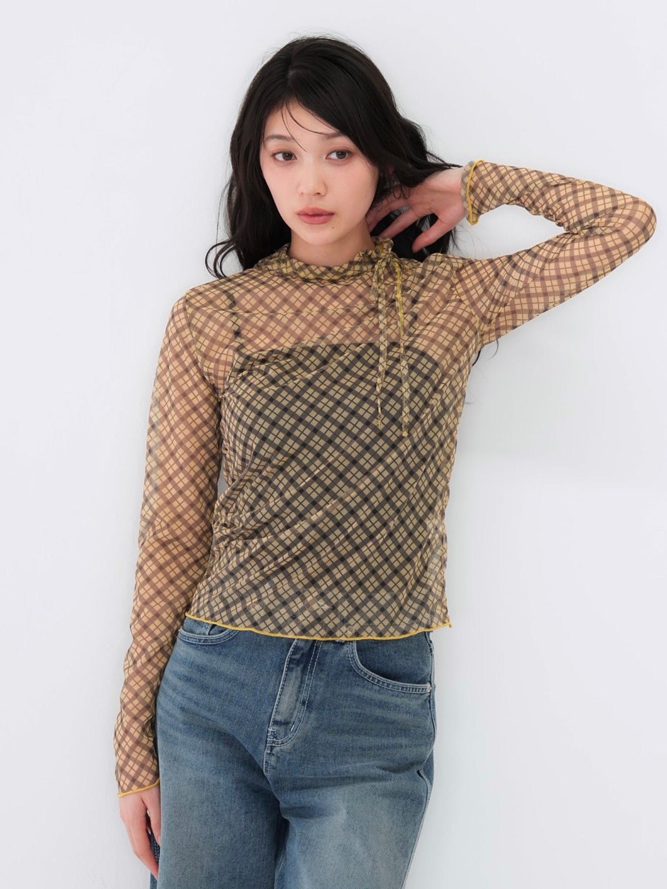 neck ribbon check sheer tops