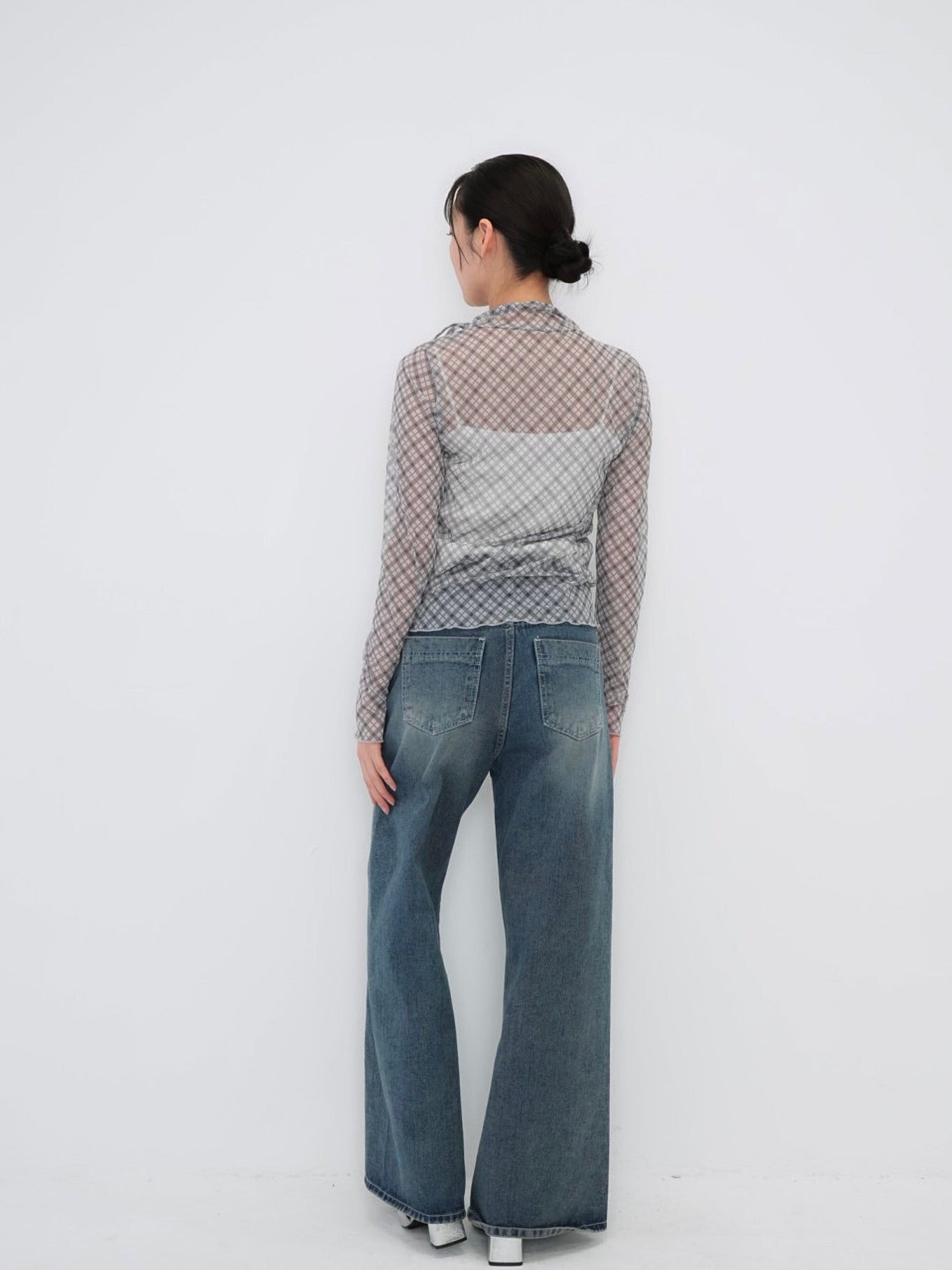 neck ribbon check sheer tops