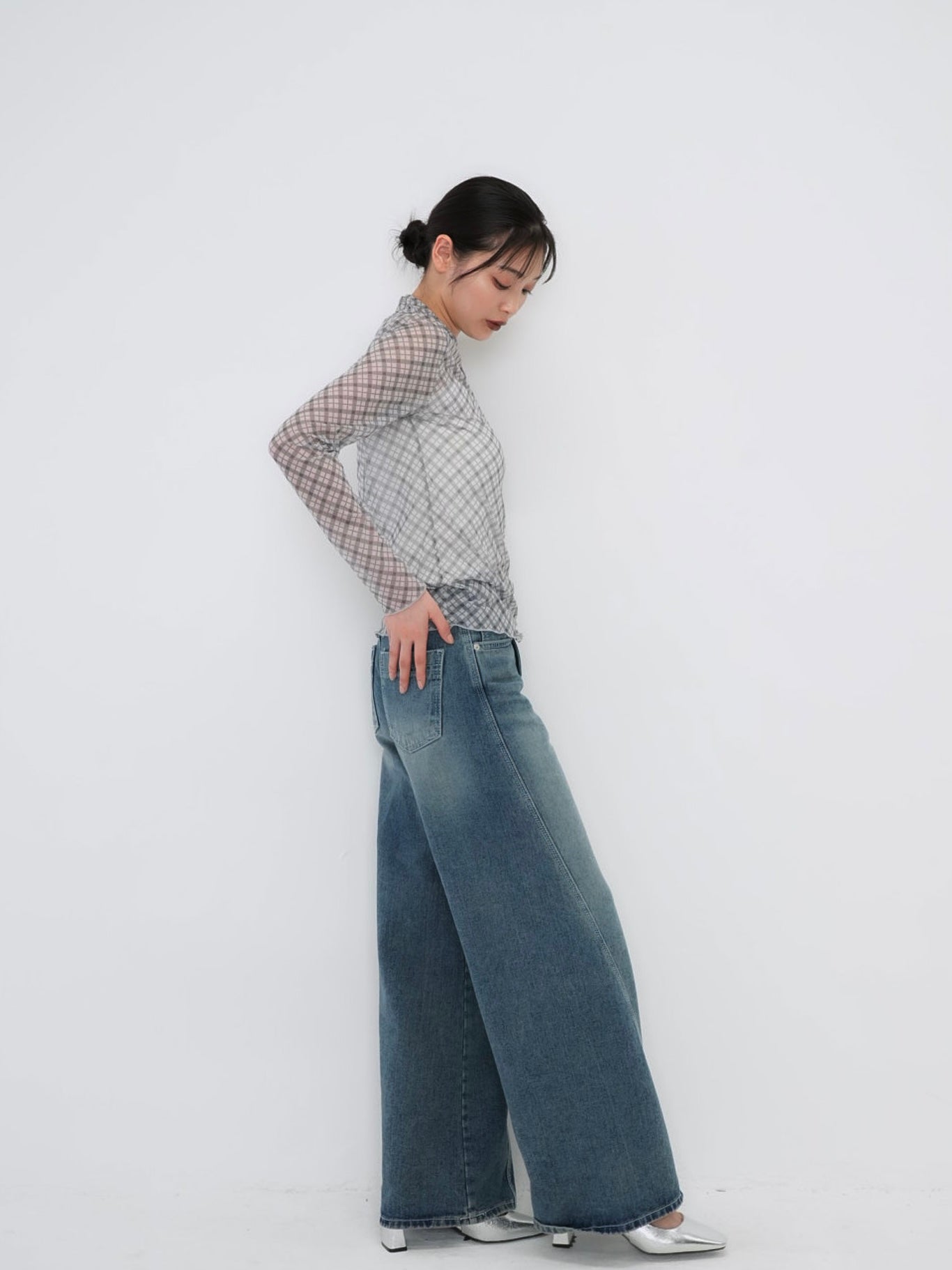 neck ribbon check sheer tops