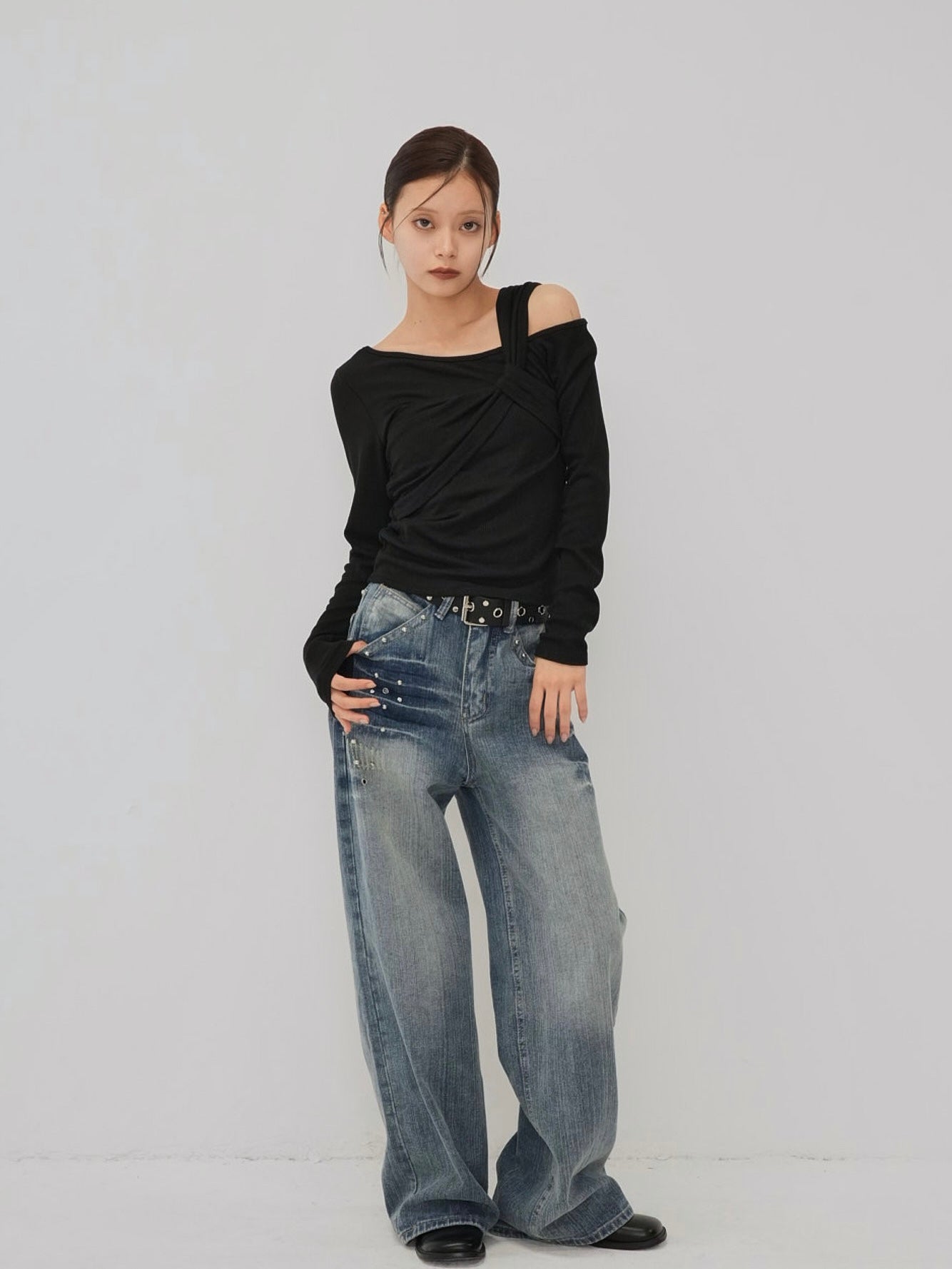 eyelet stud wide denim
