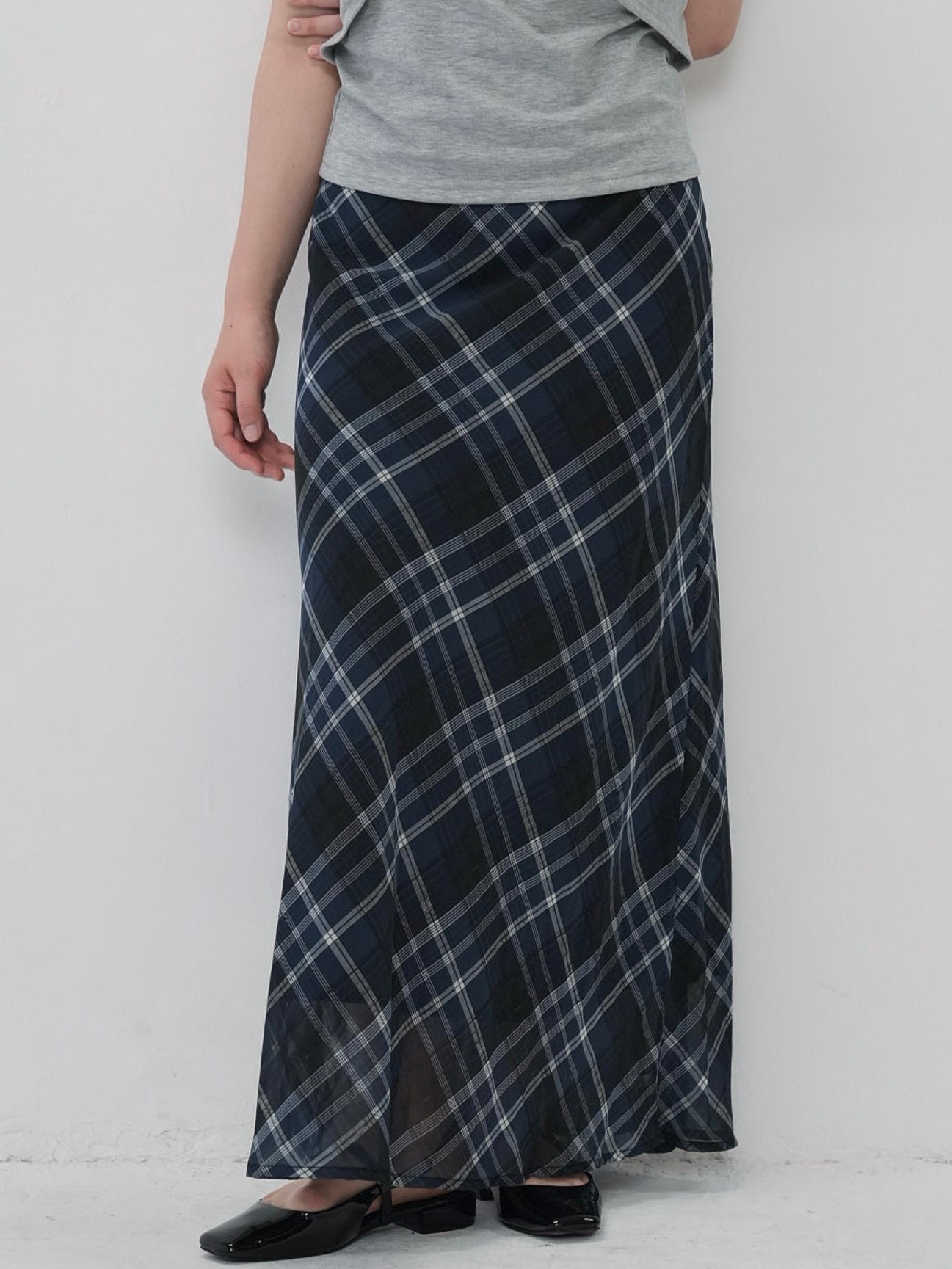 check sheer long skirt