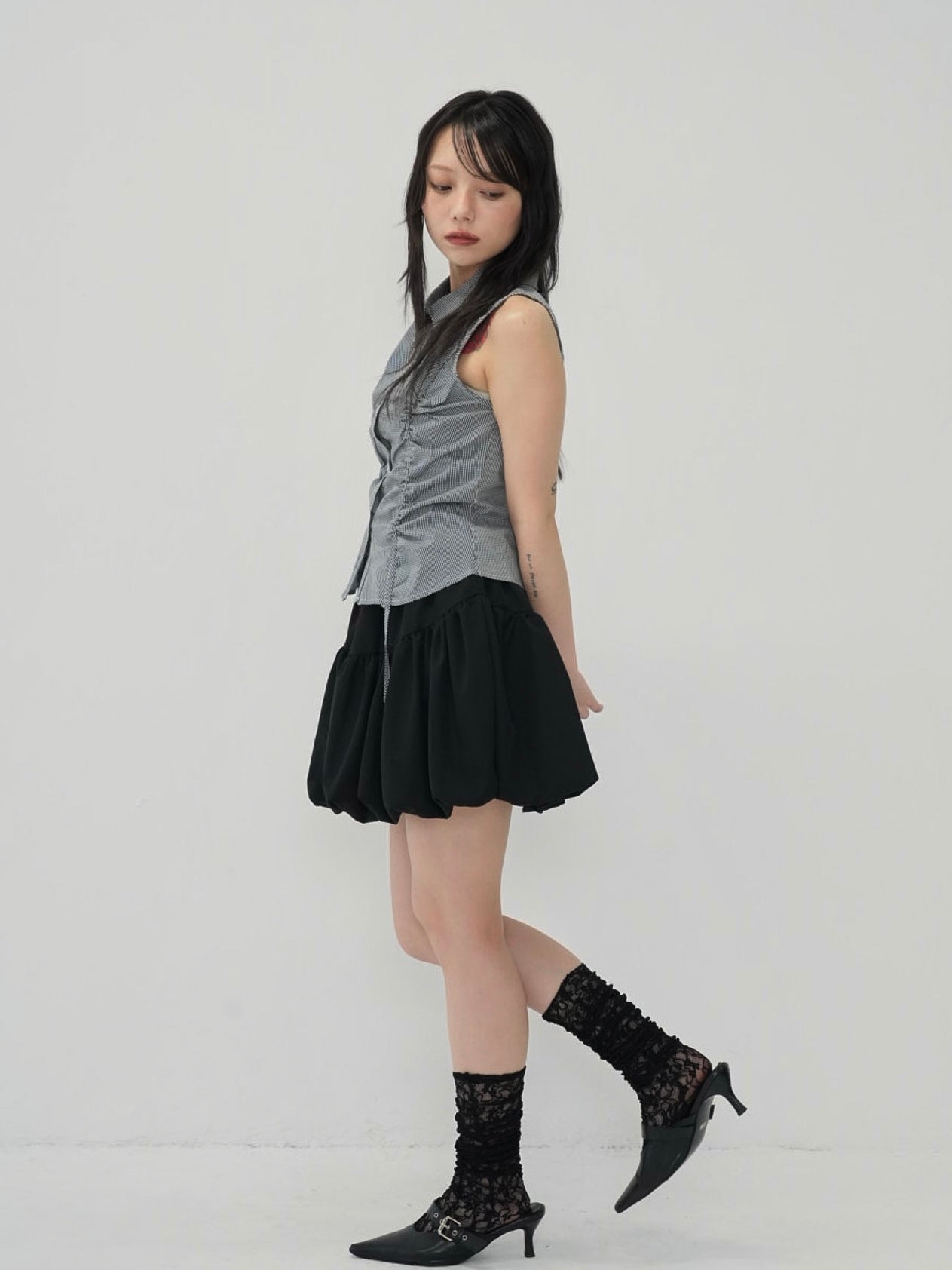 shirring check halter tops