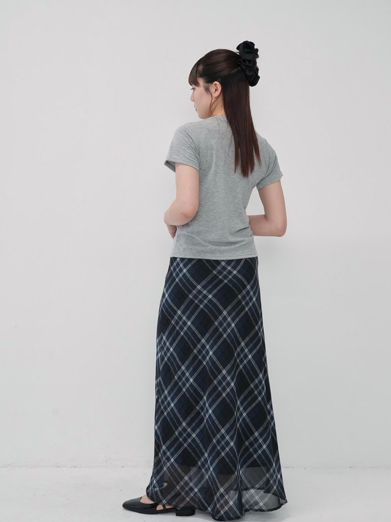 check sheer long skirt