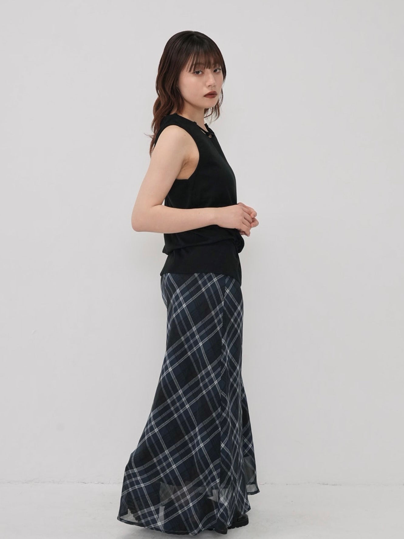 check sheer long skirt
