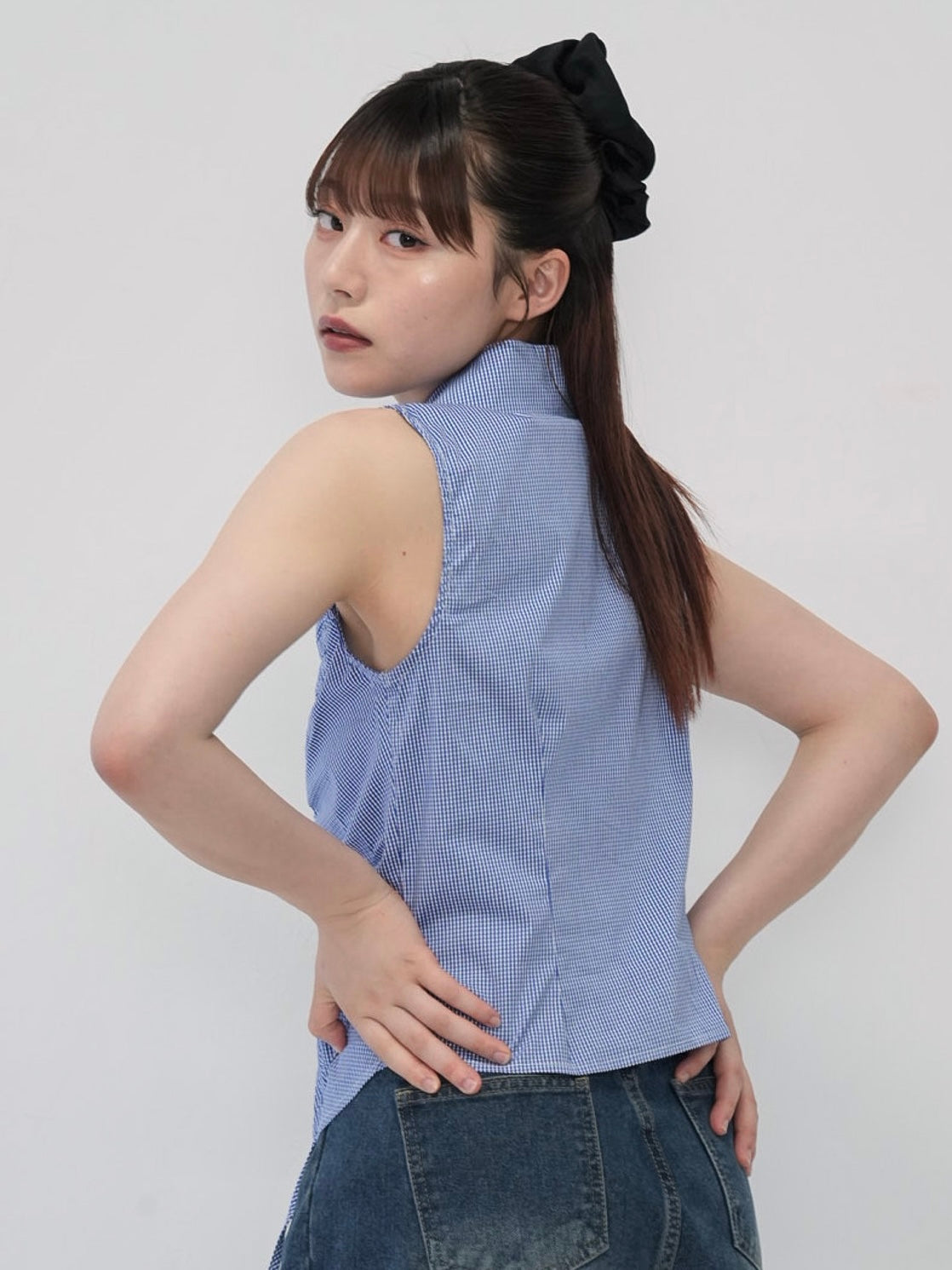 shirring check halter tops