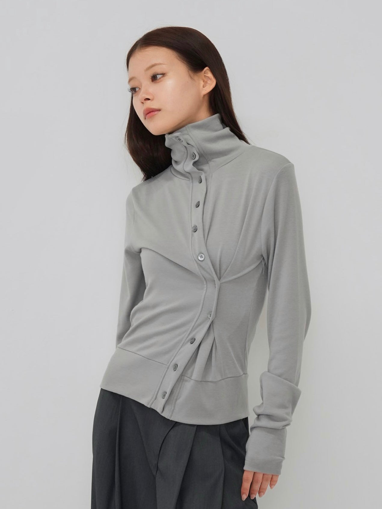 high neck twist button cardigan