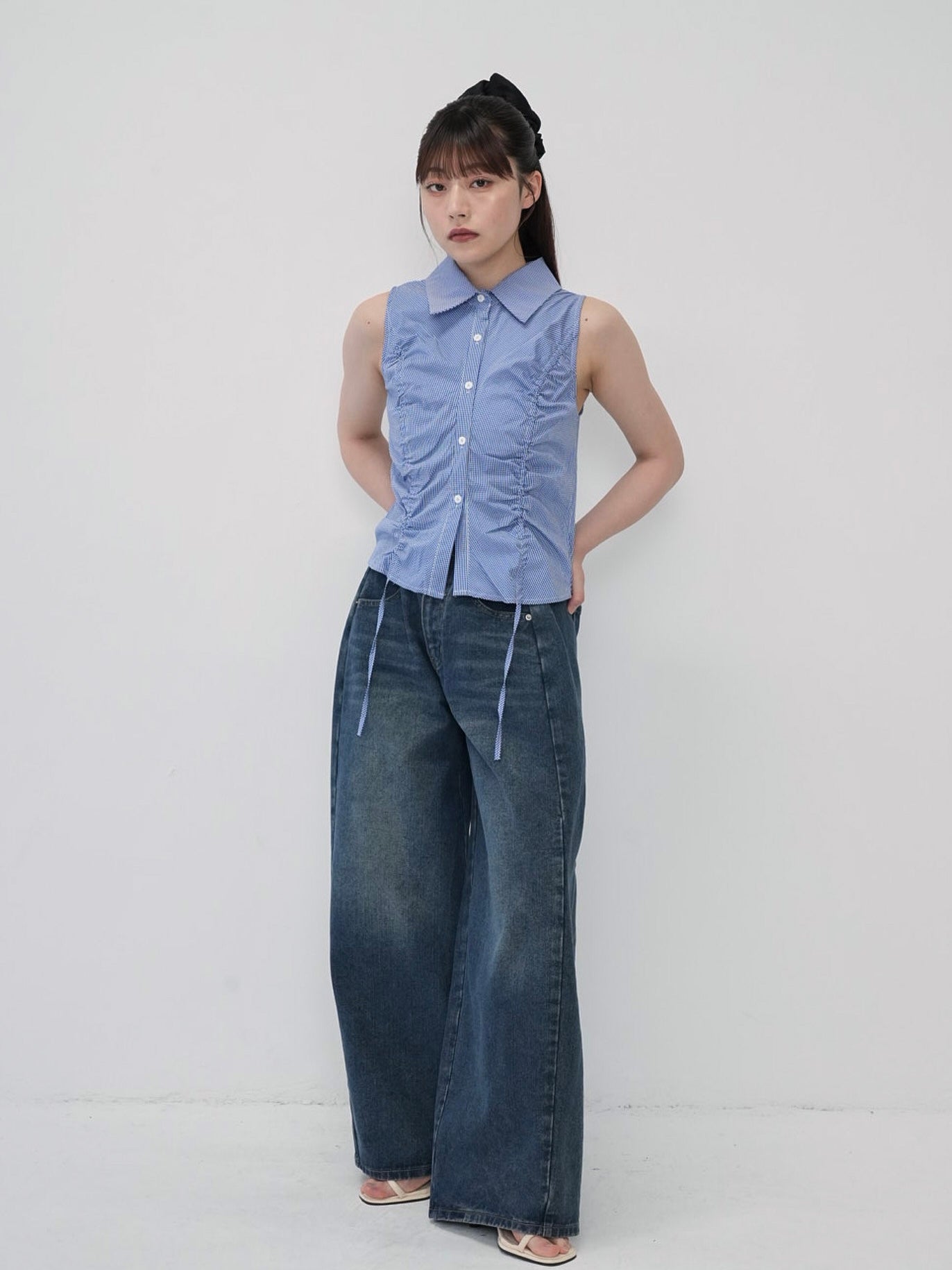 shirring check halter tops