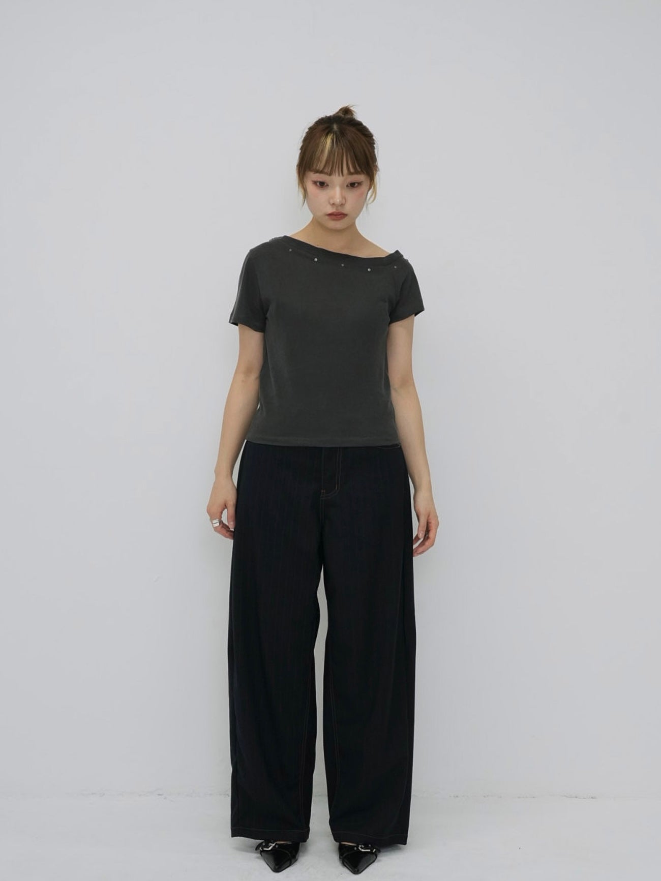 one shoulder stud tops