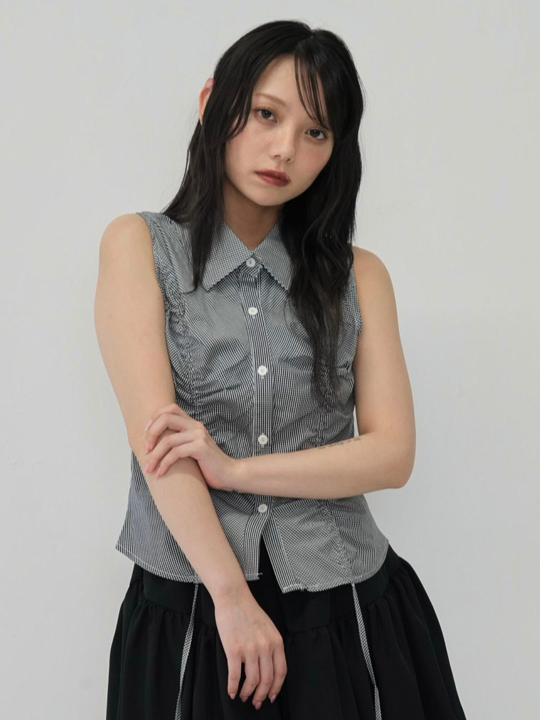 shirring check halter tops