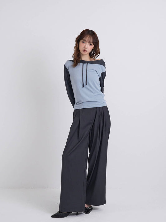 contrast off shoulder hooded tops