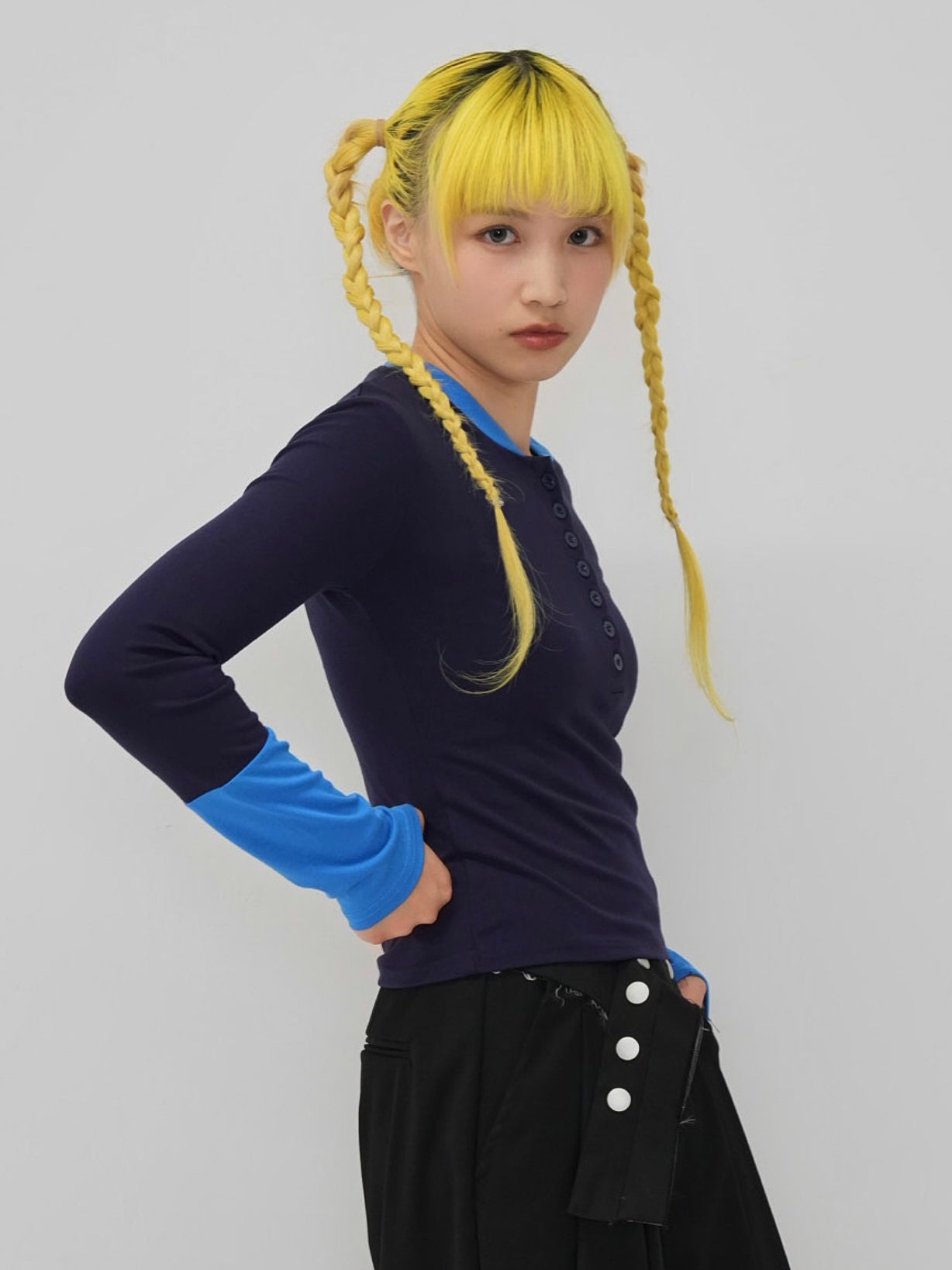 half button bicolor tops