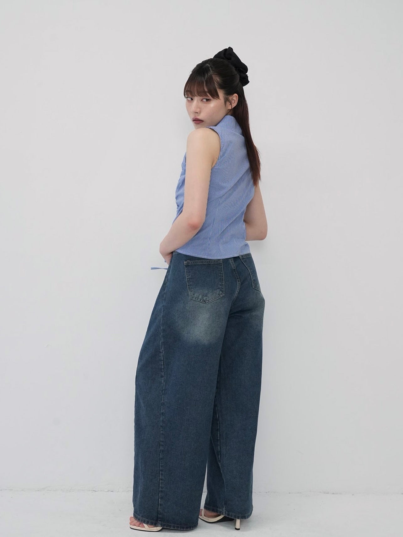 shirring check halter tops