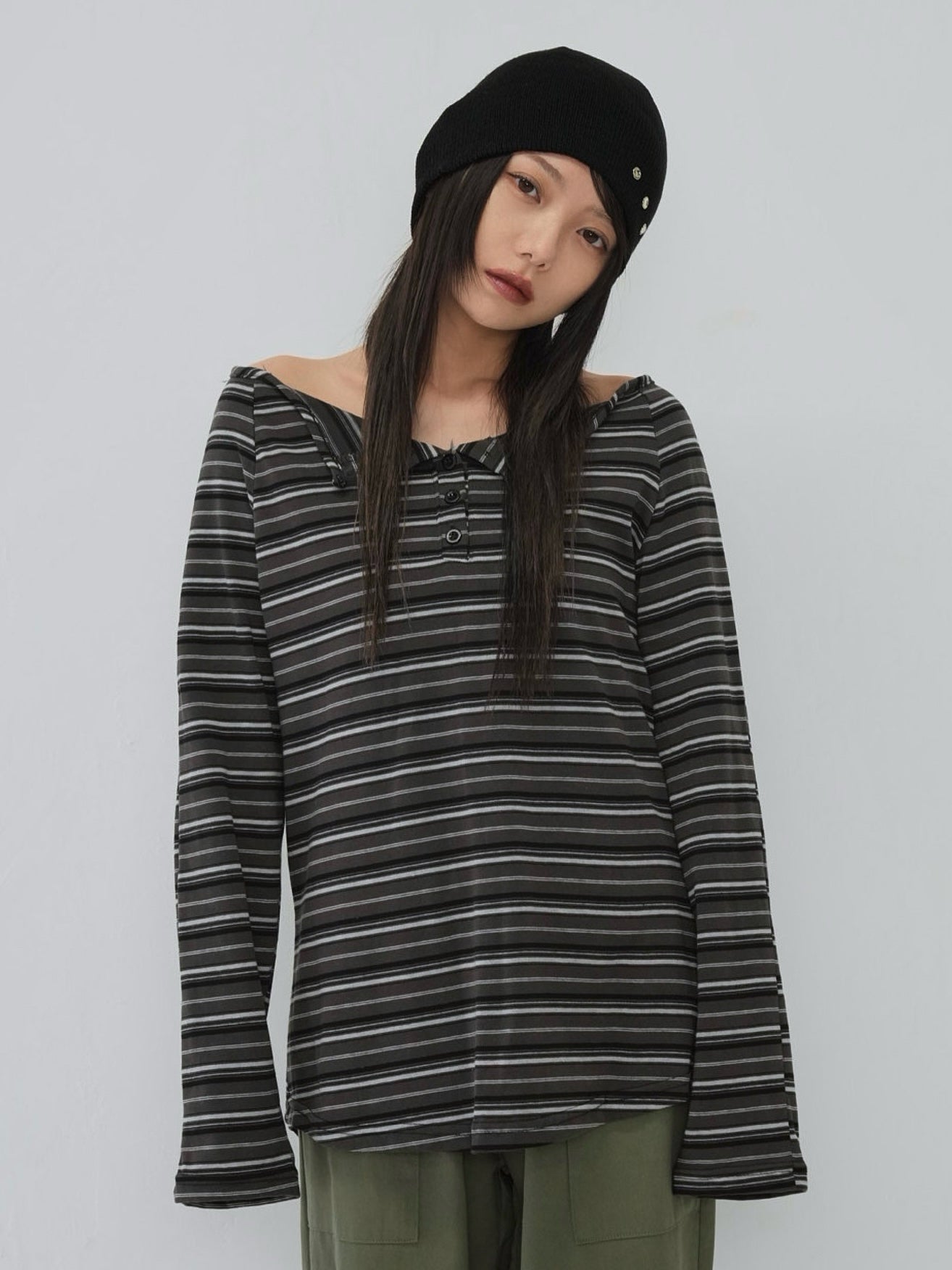 stripe button off shoulder t