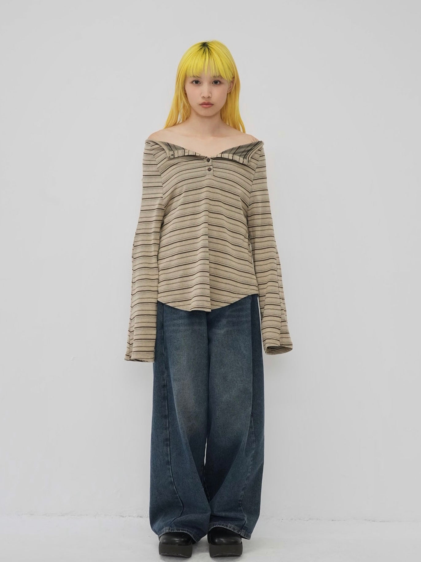 stripe button off shoulder t