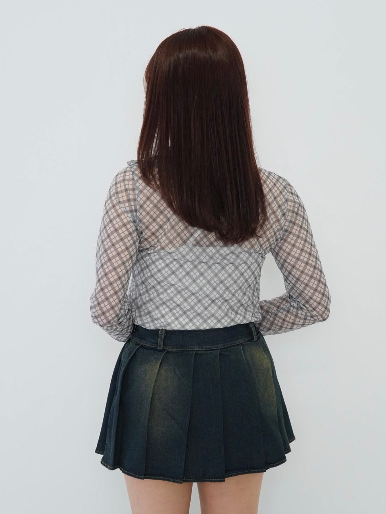 neck ribbon check sheer tops