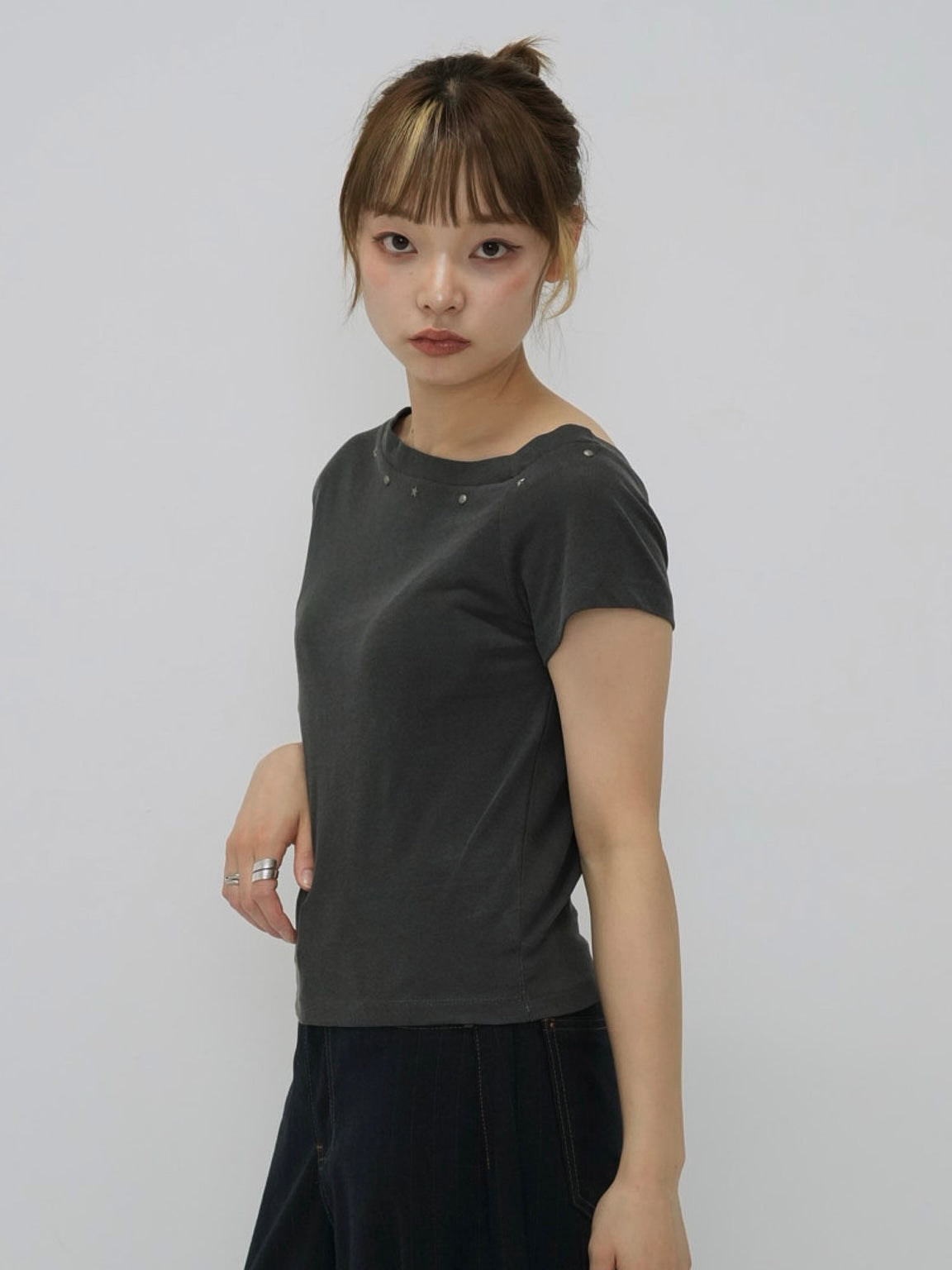 one shoulder stud tops