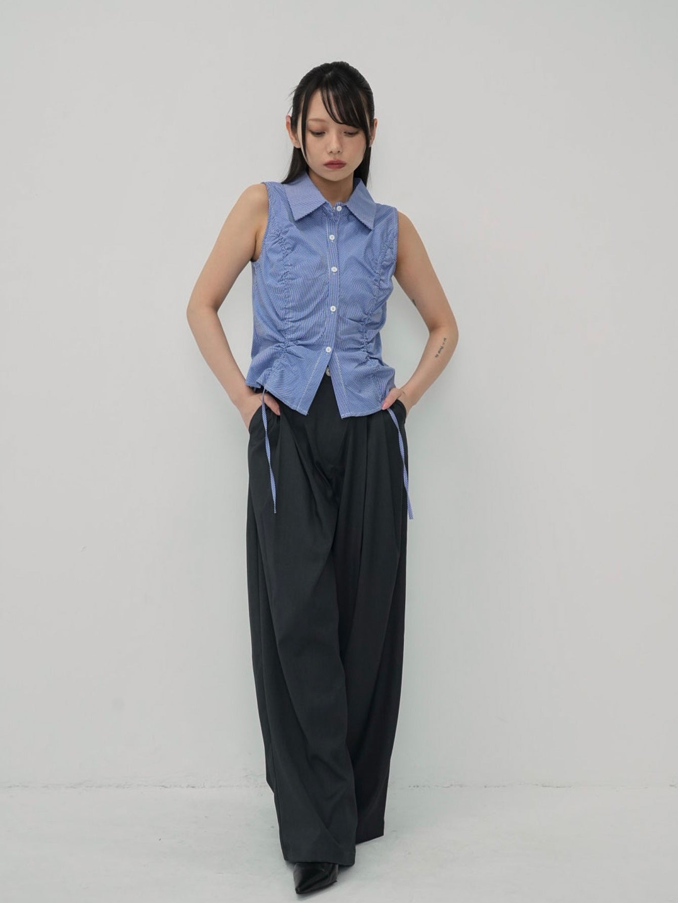shirring check halter tops