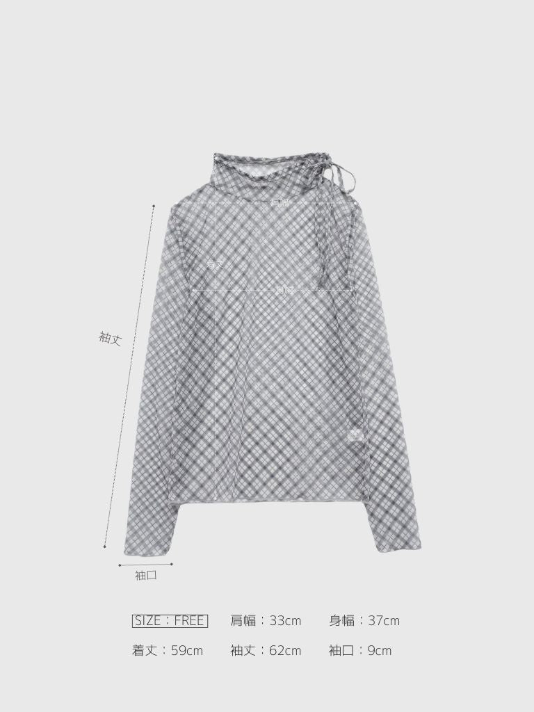 neck ribbon check sheer tops