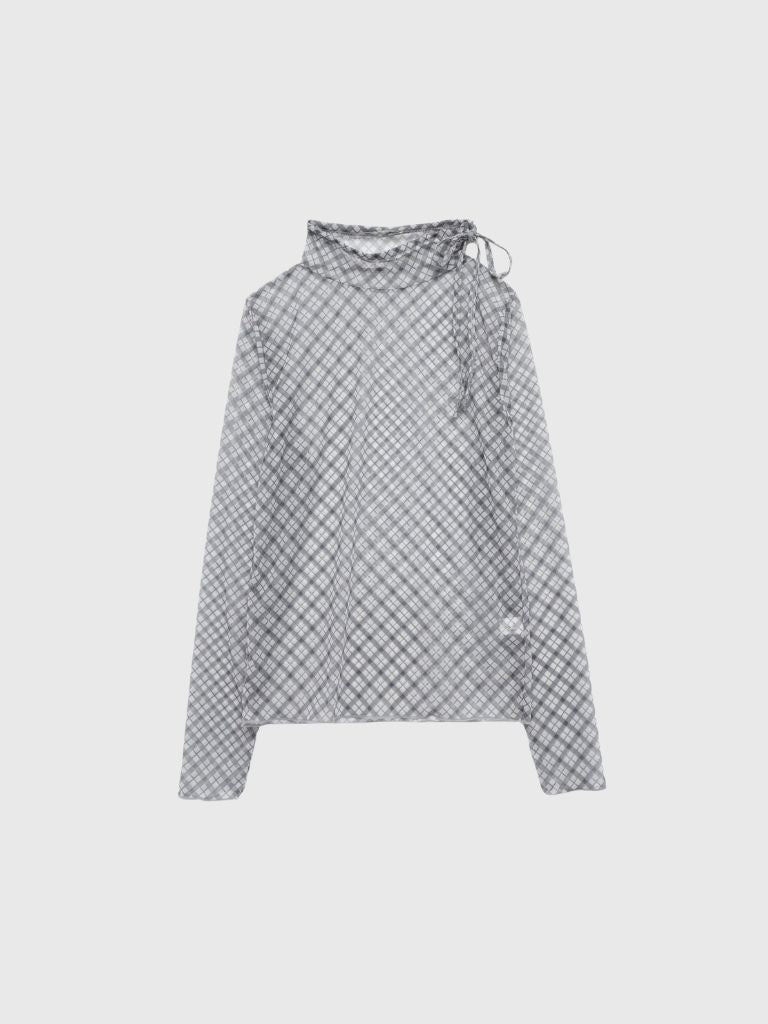 neck ribbon check sheer tops