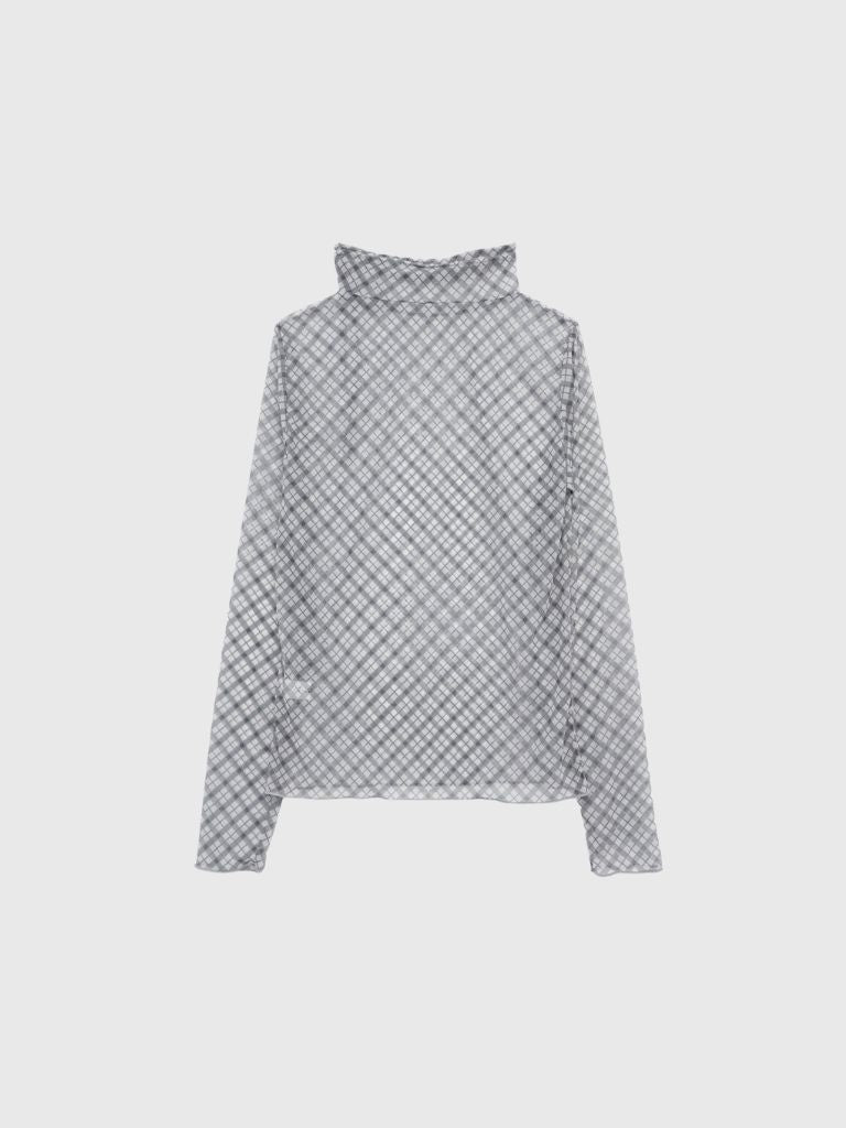 neck ribbon check sheer tops